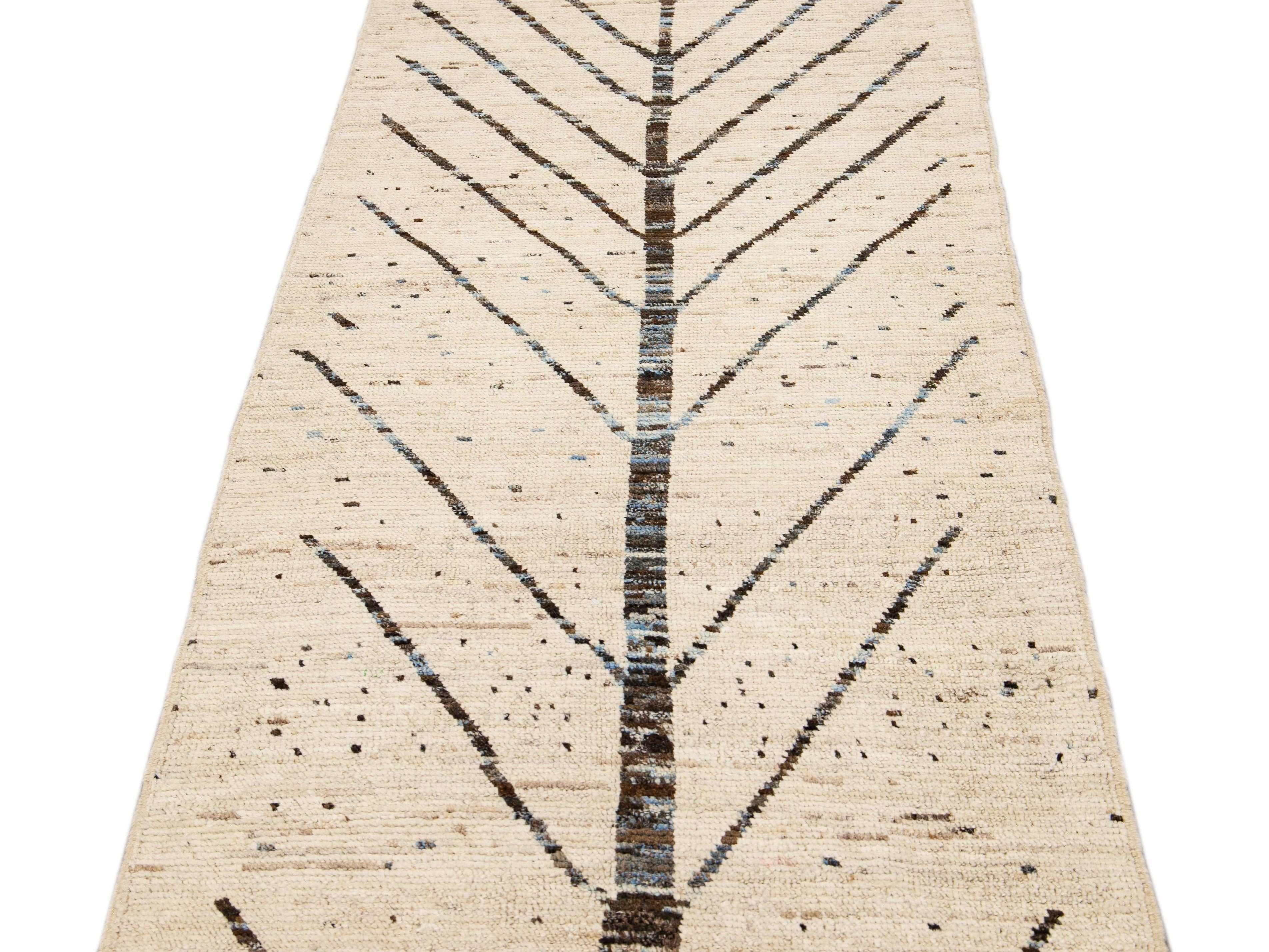 Modern Moroccan Style Handmade Designed Beige Boho Wool Runner
