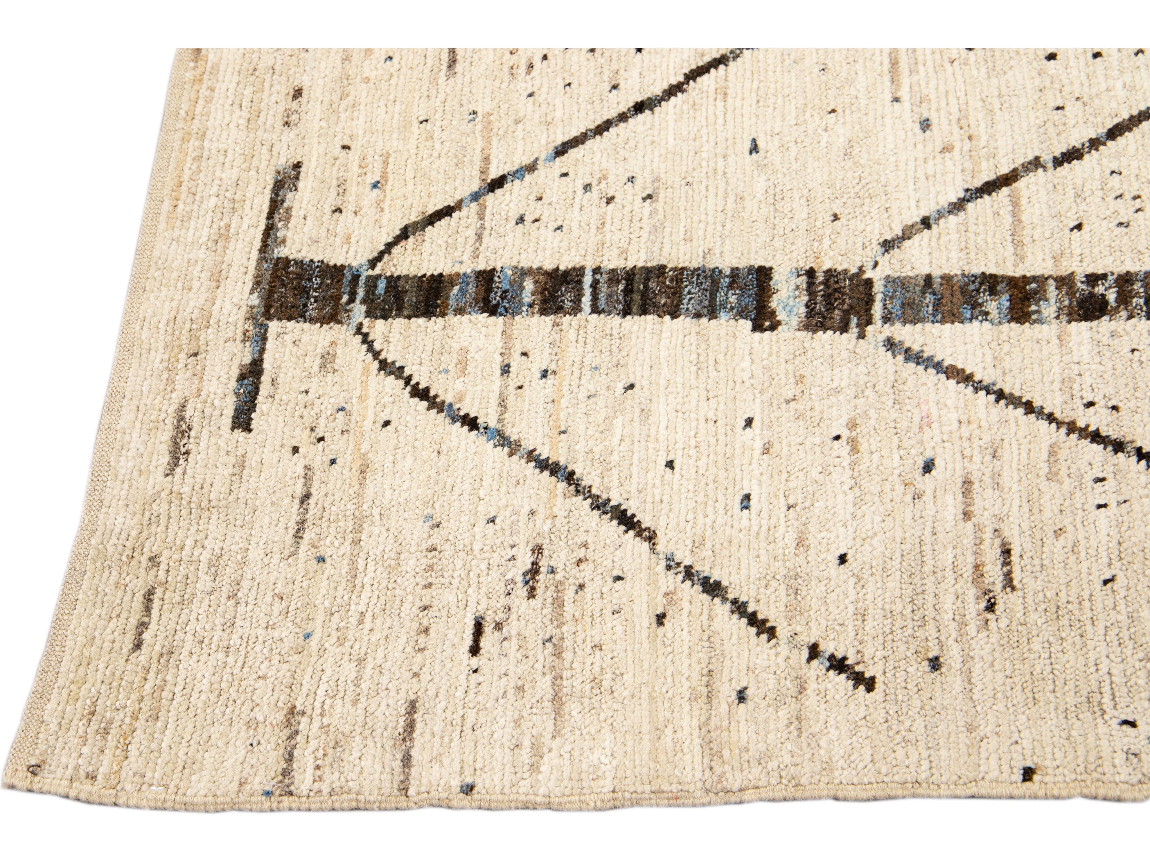 Modern Moroccan Style Handmade Designed Beige Boho Wool Runner