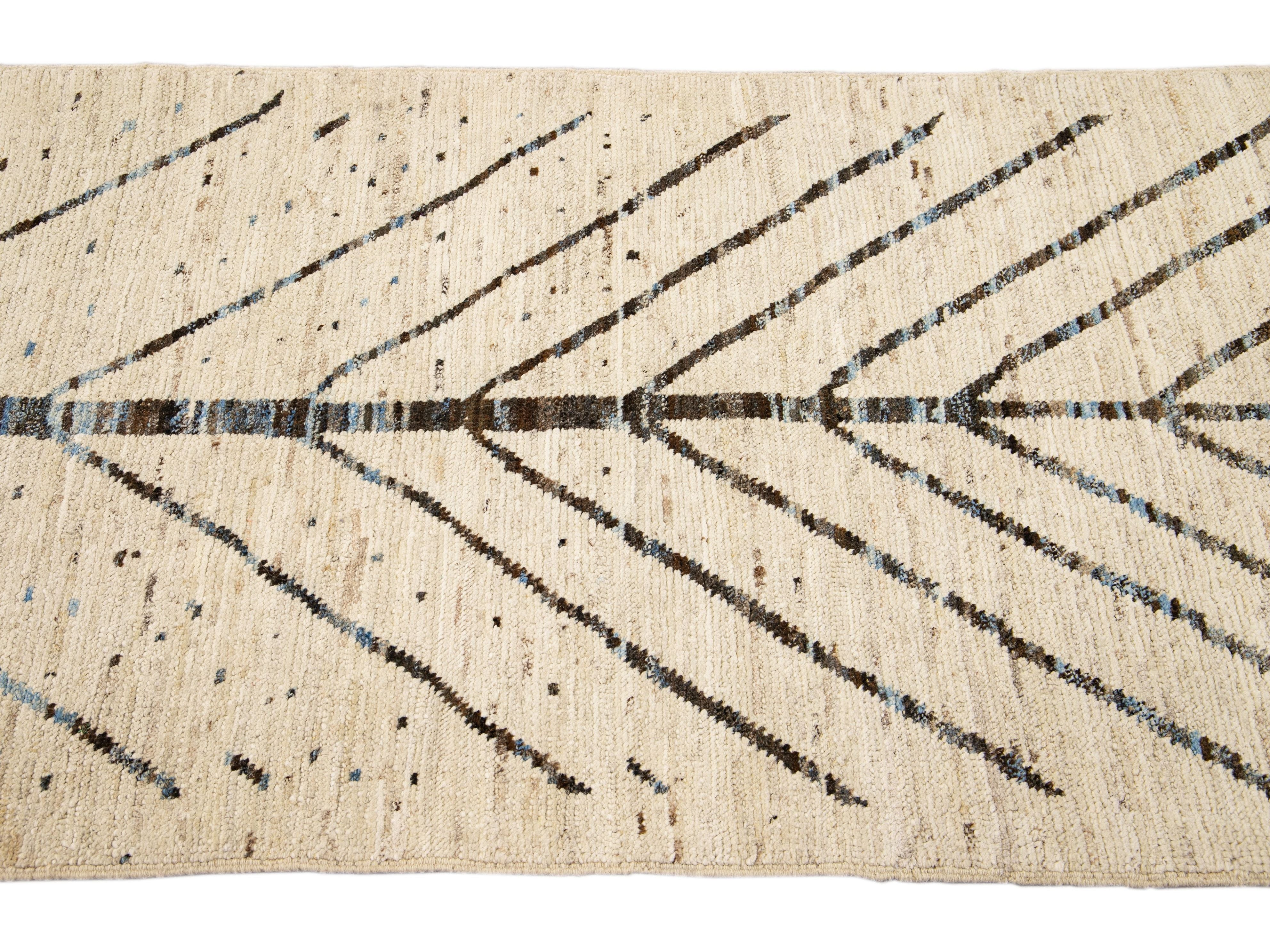 Modern Moroccan Style Handmade Designed Beige Boho Wool Runner