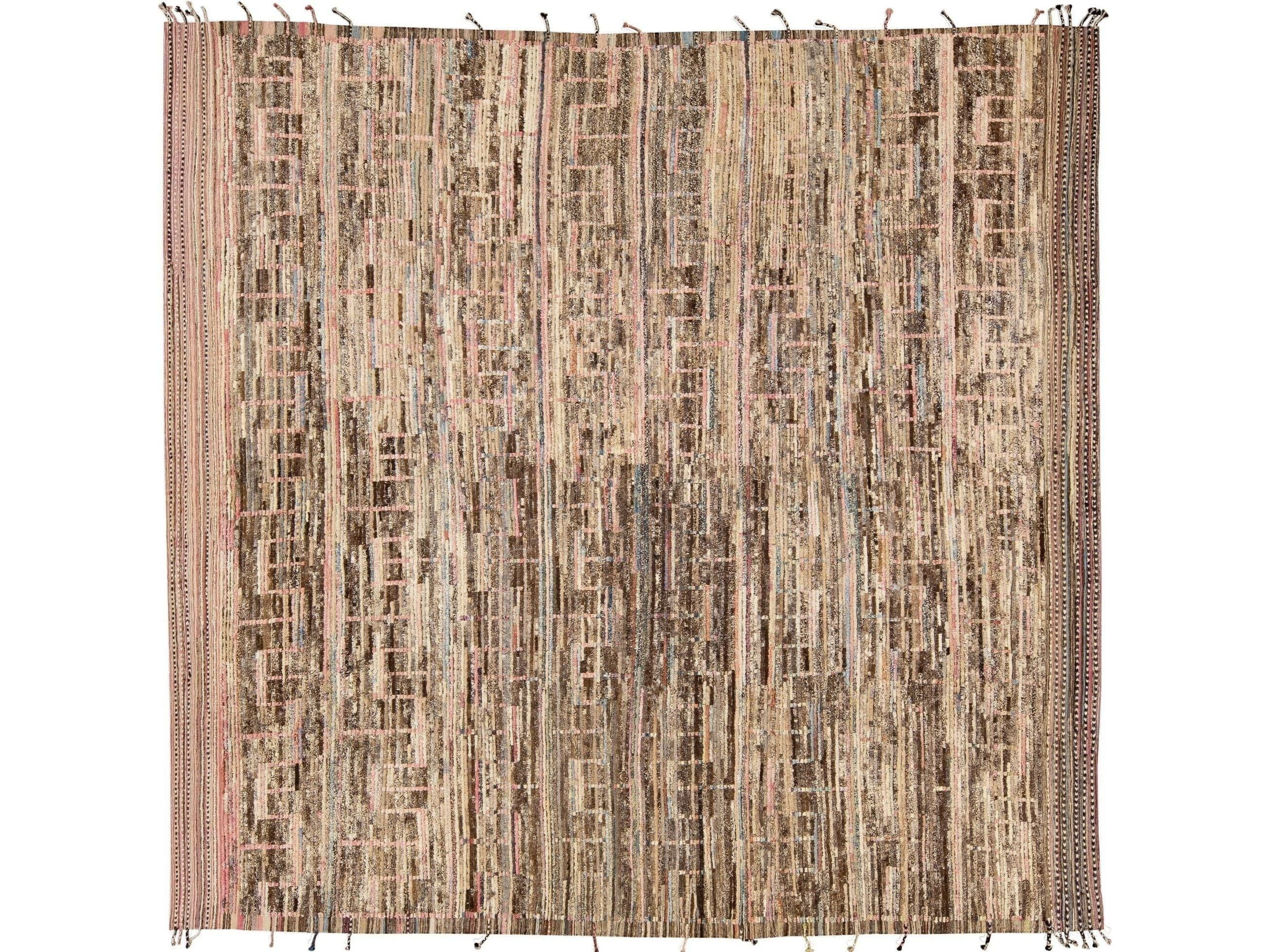 Modern Boho Chic Moroccan Style Handmade Brown Oversize Wool Rug