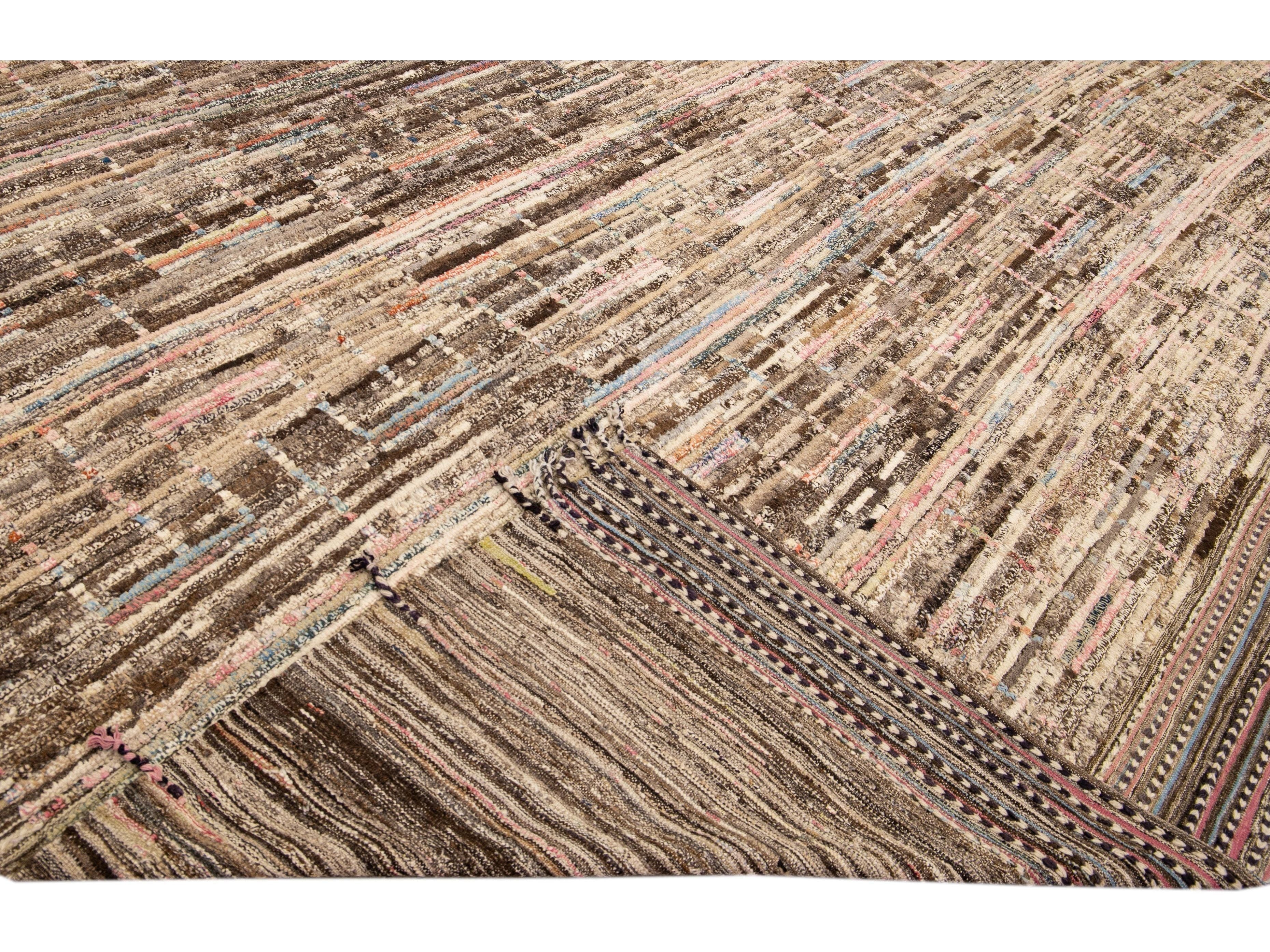 Modern Boho Chic Moroccan Style Handmade Brown Oversize Wool Rug