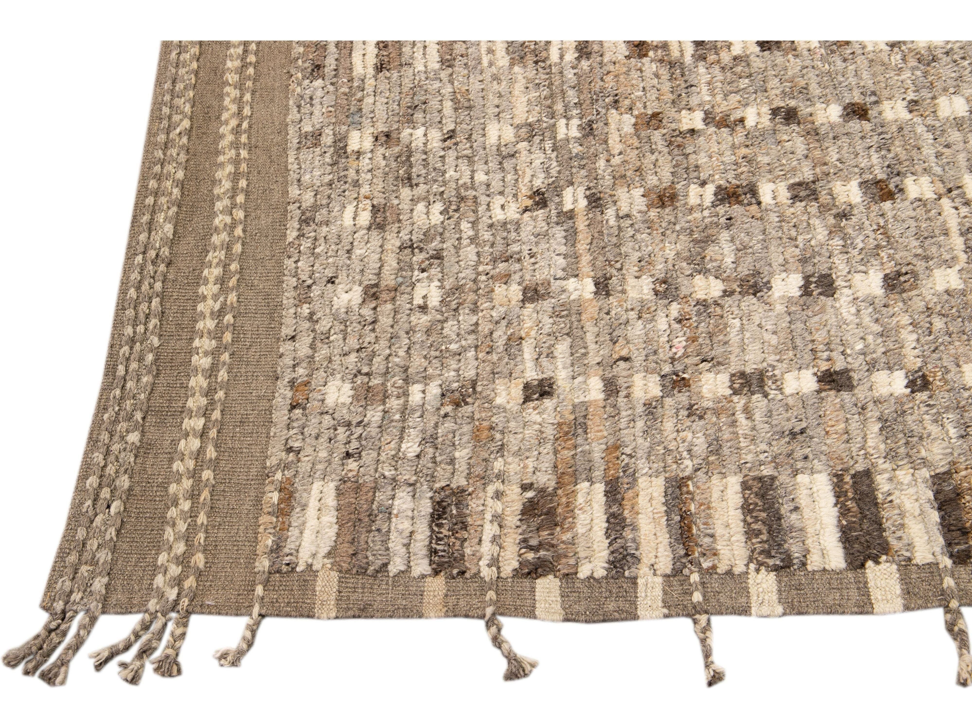 Modern Moroccan Style Brown Handmade Bohemian Motif Wool Runner
