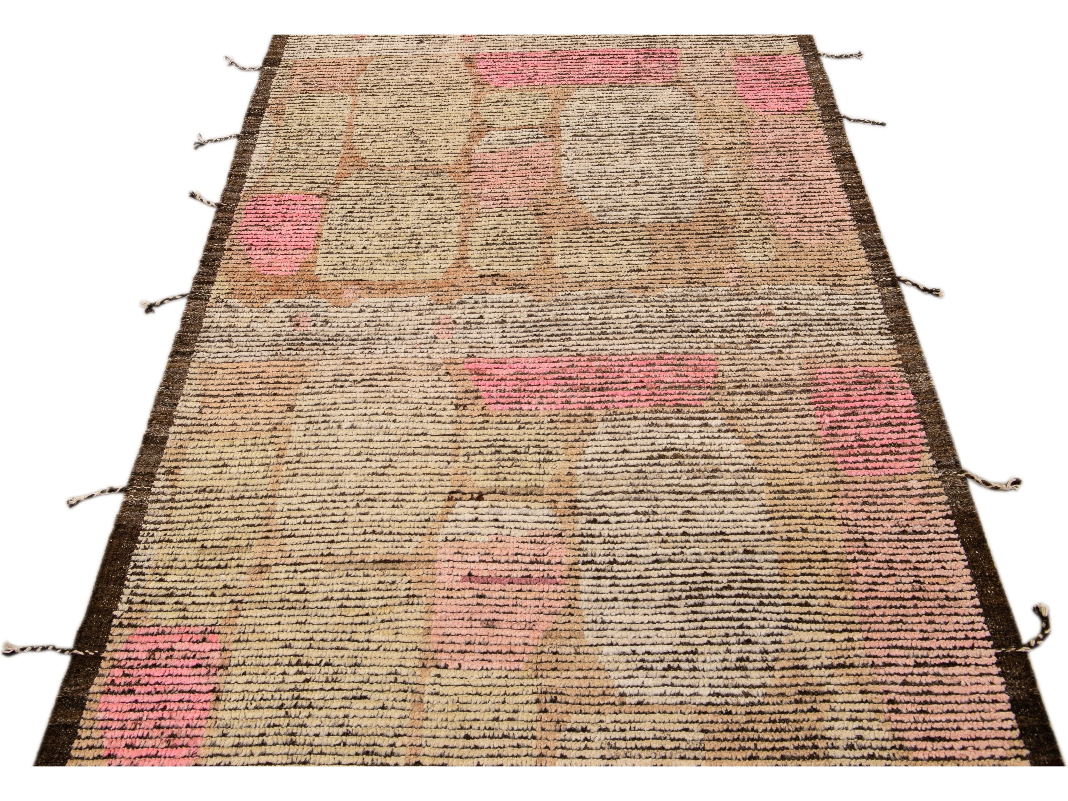 Boho Modern Moroccan Style Handmade Abstract Designed Brown Wool Runner