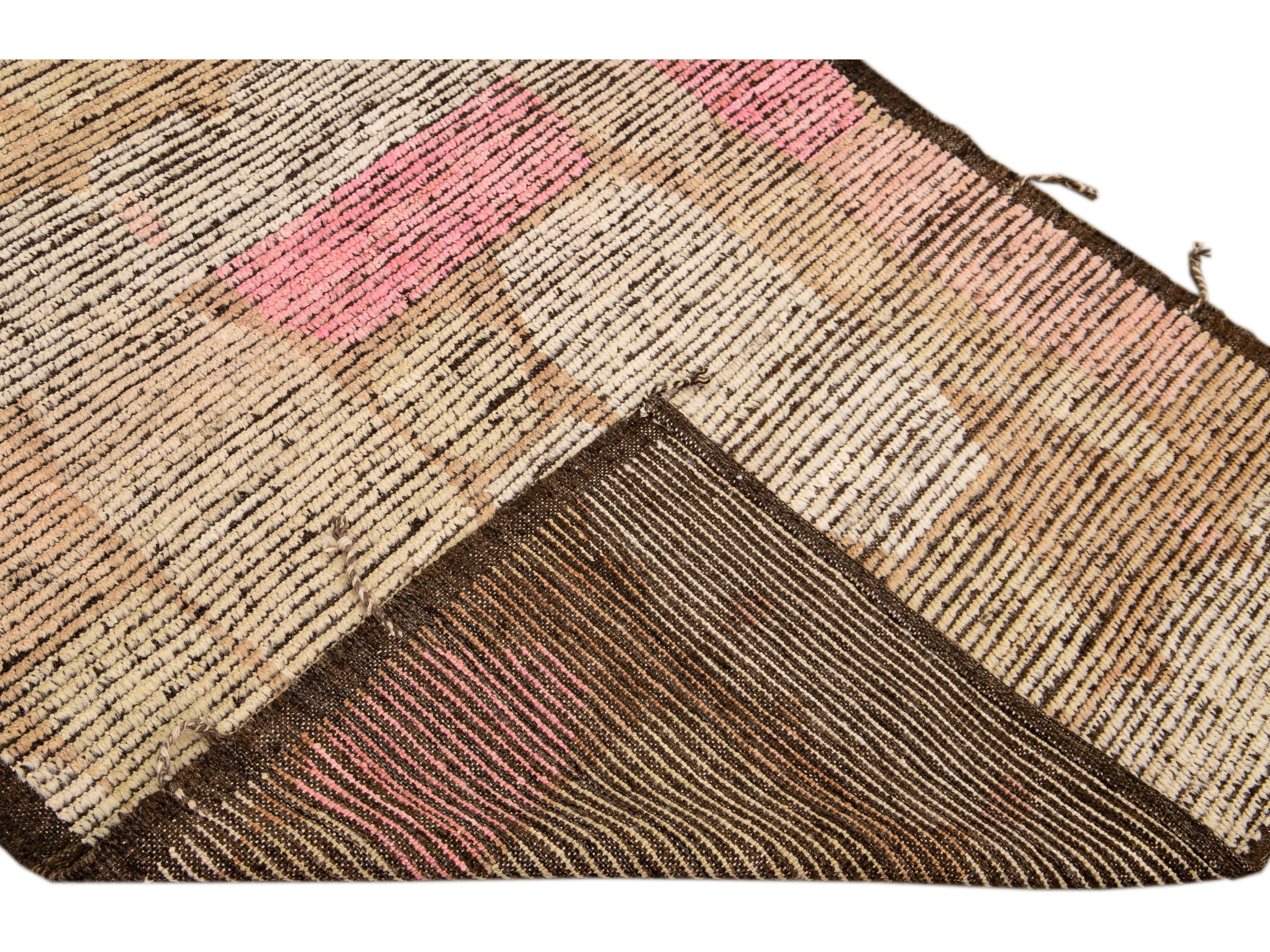 Boho Modern Moroccan Style Handmade Abstract Designed Brown Wool Runner
