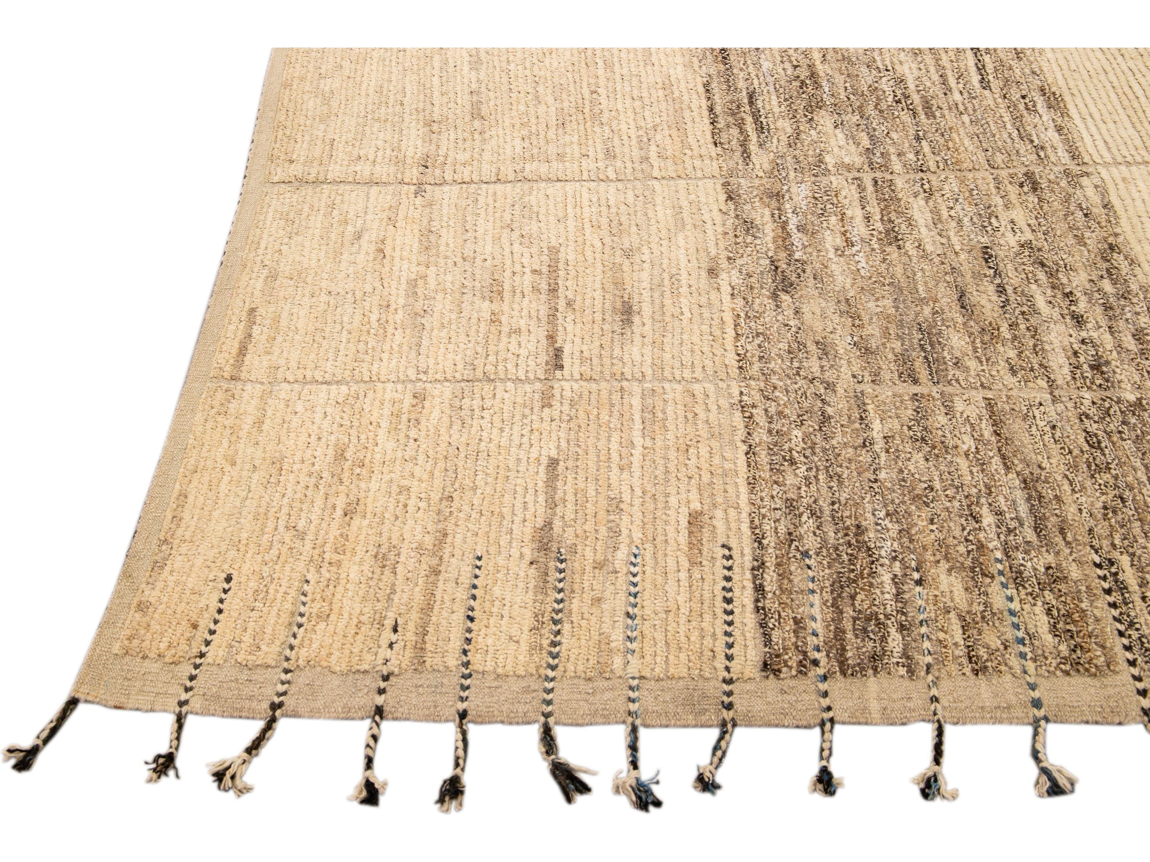 Modern Beige Moroccan Style Handmade Geometric Designed Boho Square Wool Rug