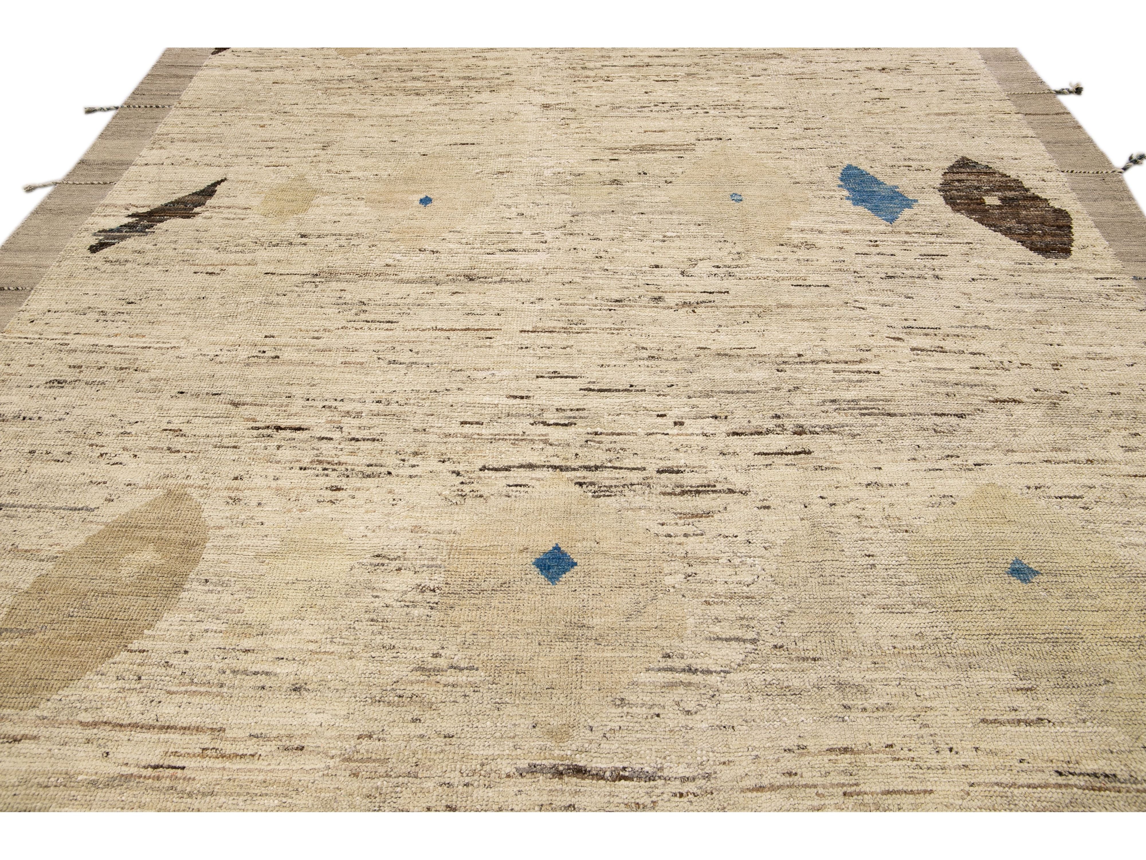 Modern Moroccan Bohemian Style Handmade Beige Wool Rug