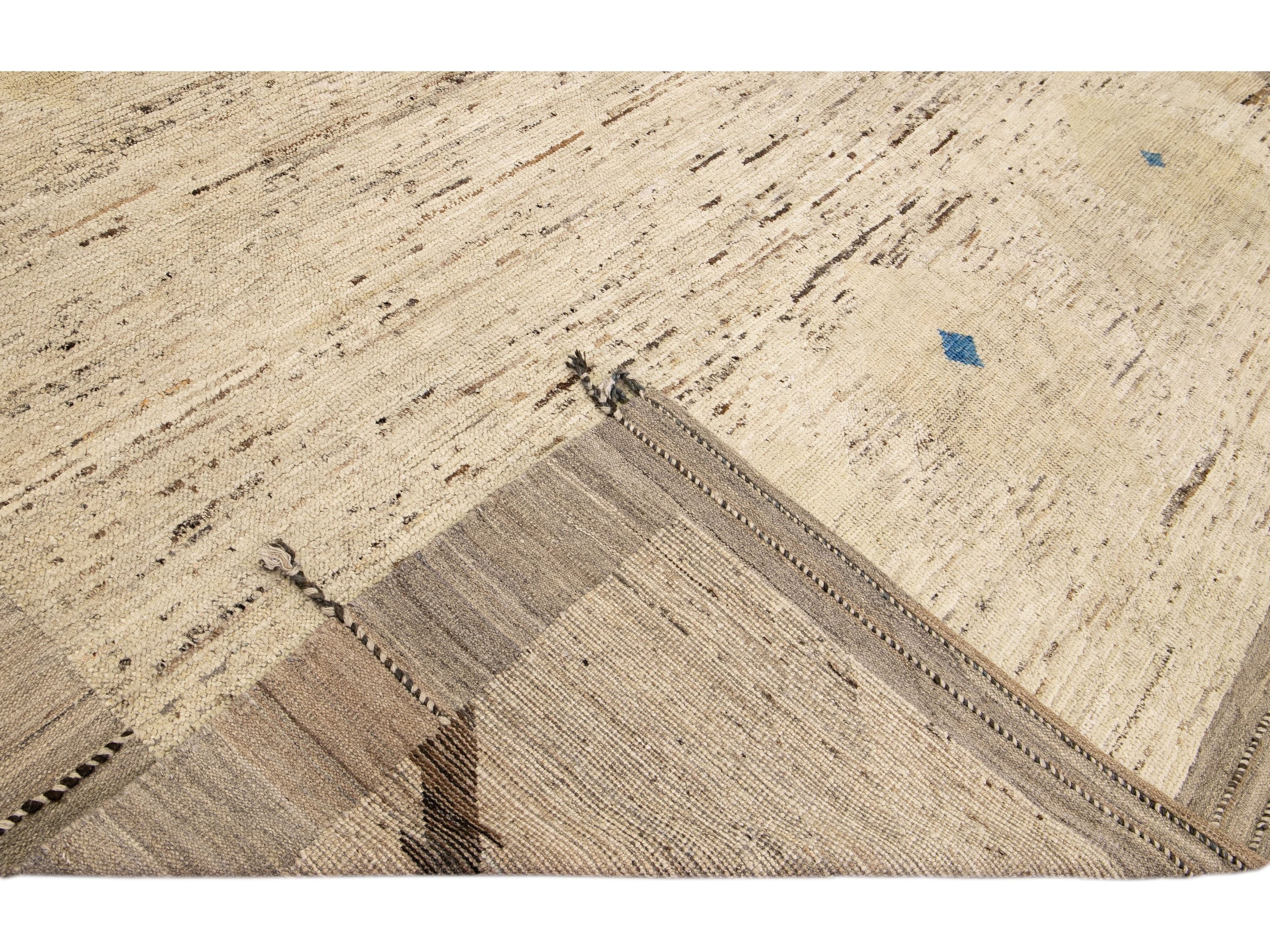 Modern Moroccan Bohemian Style Handmade Beige Wool Rug