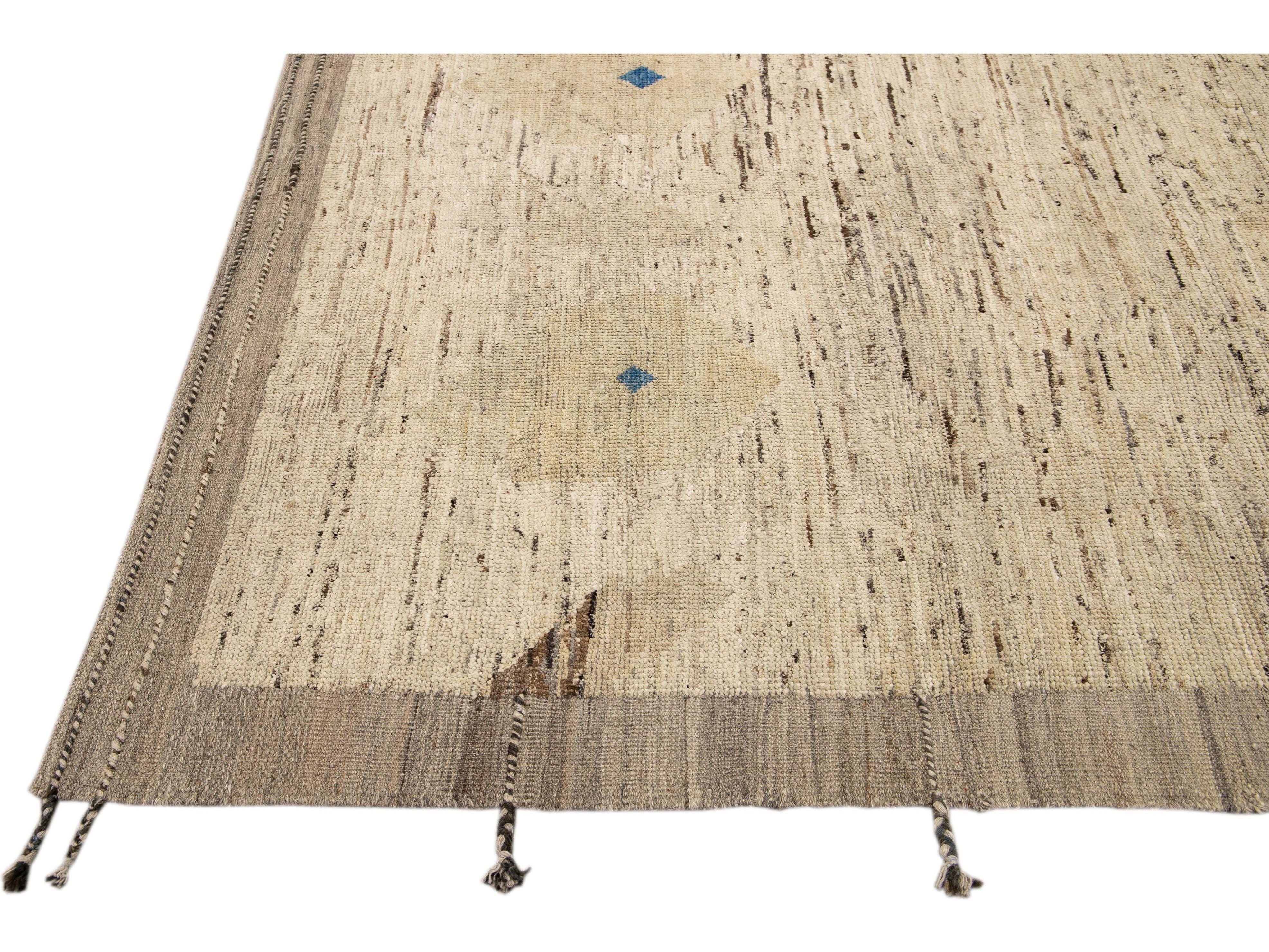 Modern Moroccan Bohemian Style Handmade Beige Wool Rug