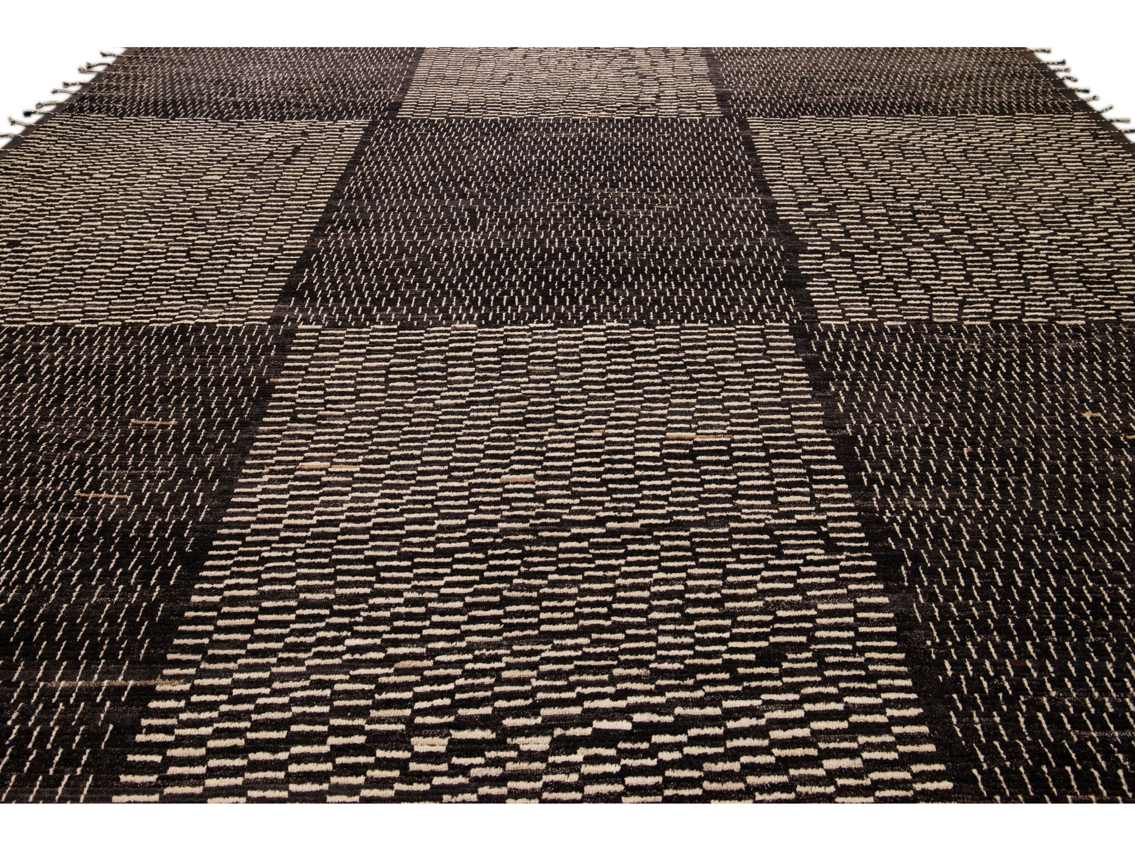 Black Modern Moroccan Style Handmade Check Flecked Motif Oversize Wool Rug