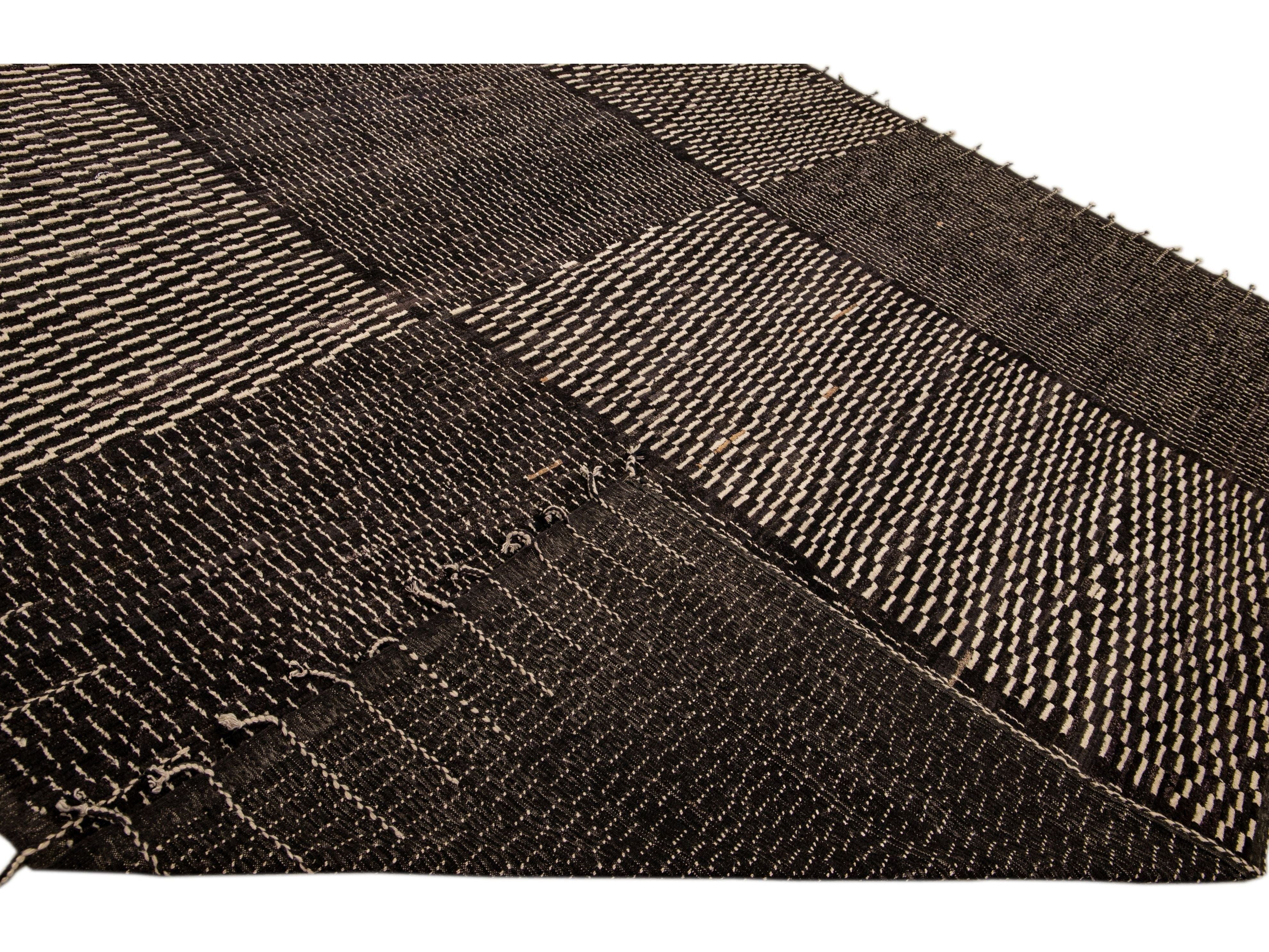 Black Modern Moroccan Style Handmade Check Flecked Motif Oversize Wool Rug