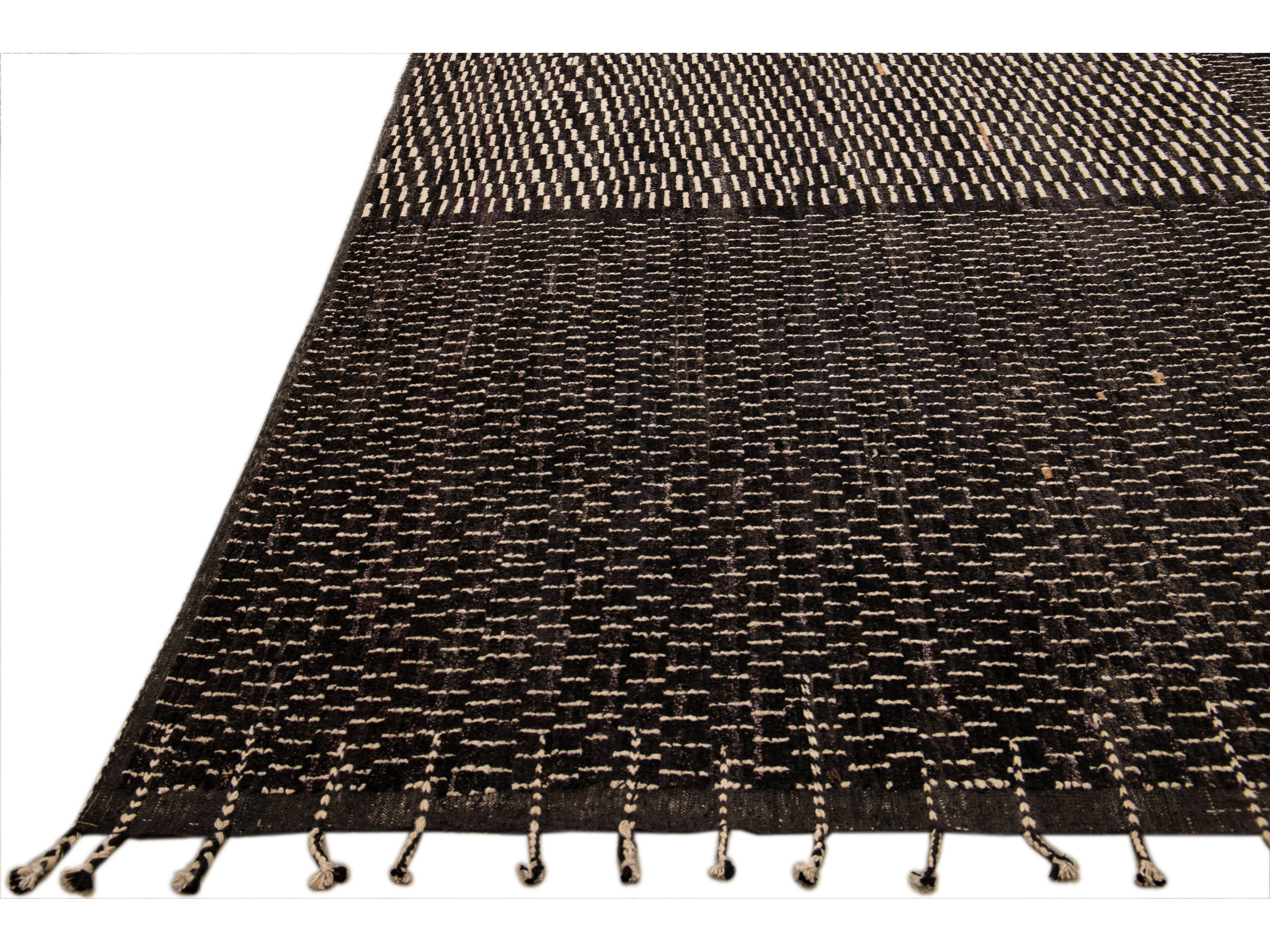 Black Modern Moroccan Style Handmade Check Flecked Motif Oversize Wool Rug