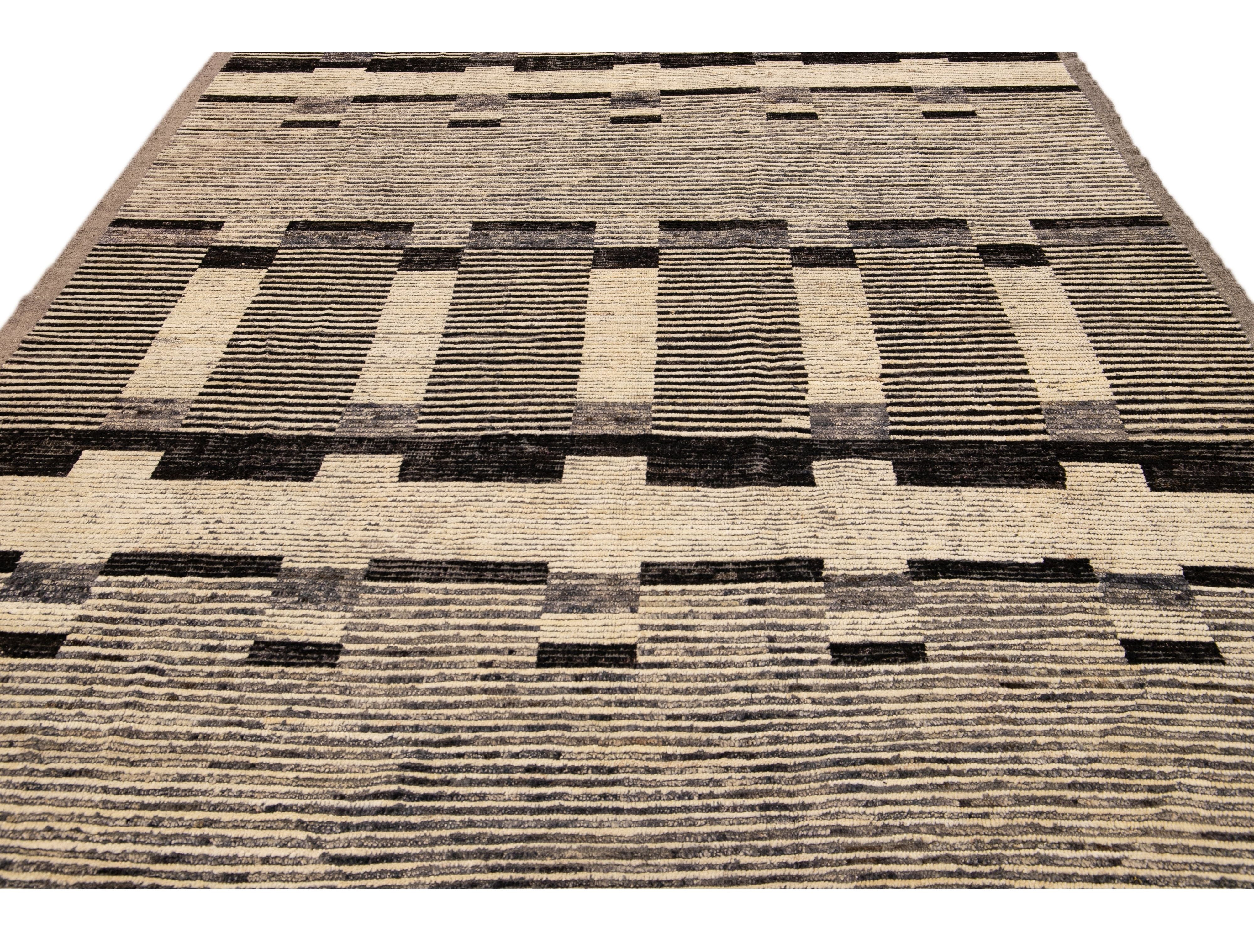 Modern Beige Moroccan Style Handmade Brown Geometric Pattern Wool Rug
