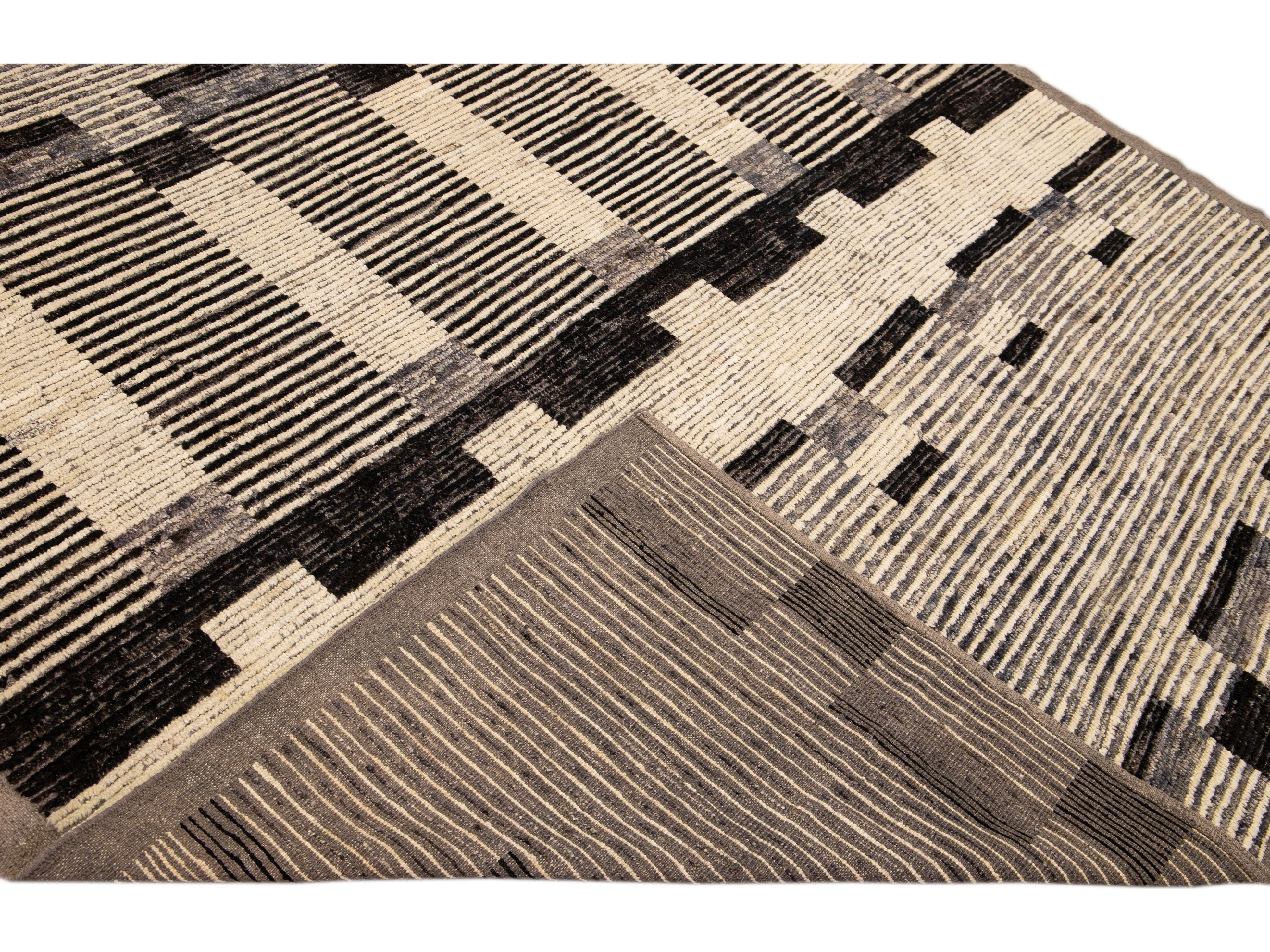 Modern Beige Moroccan Style Handmade Brown Geometric Pattern Wool Rug