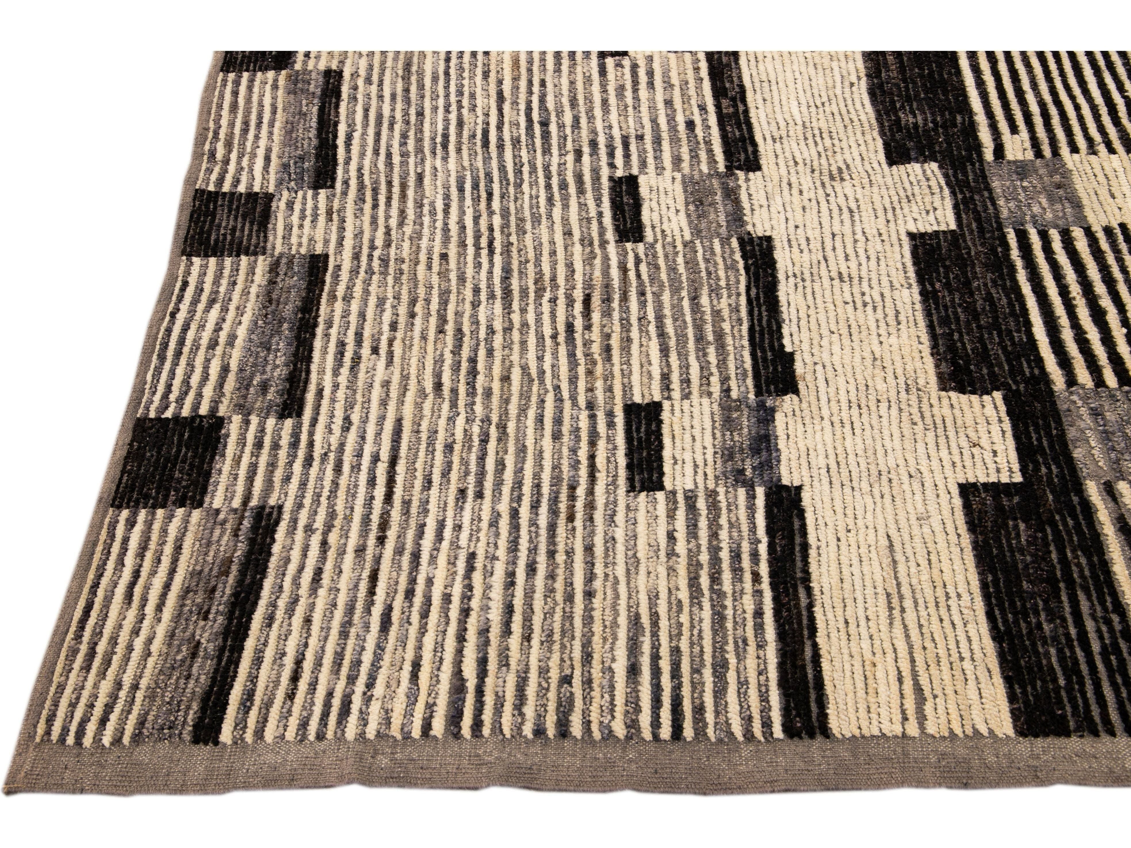 Modern Beige Moroccan Style Handmade Brown Geometric Pattern Wool Rug