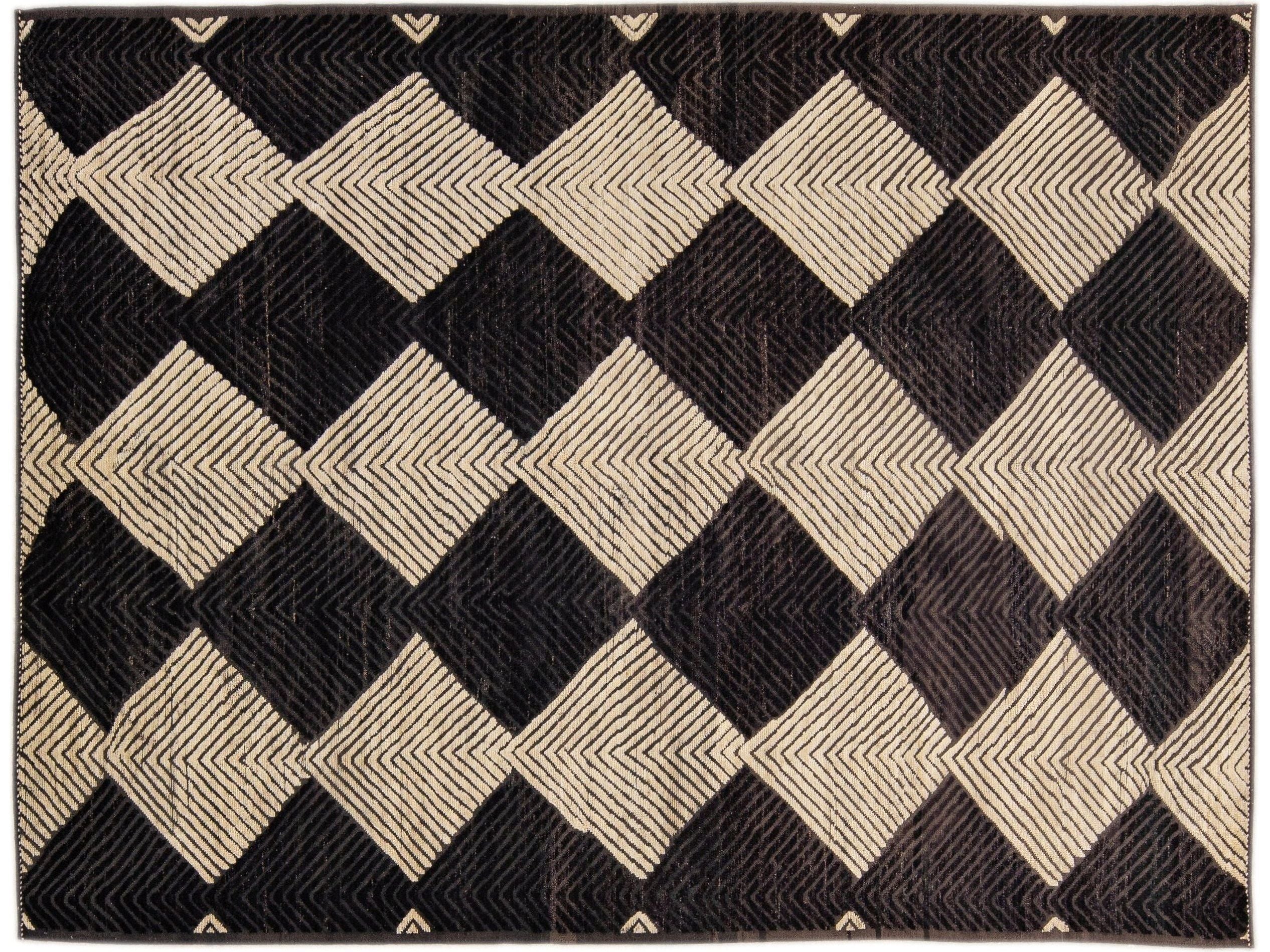 Modern Moroccan Style Handmade Diamond Abstract Motif Brown Wool Rug