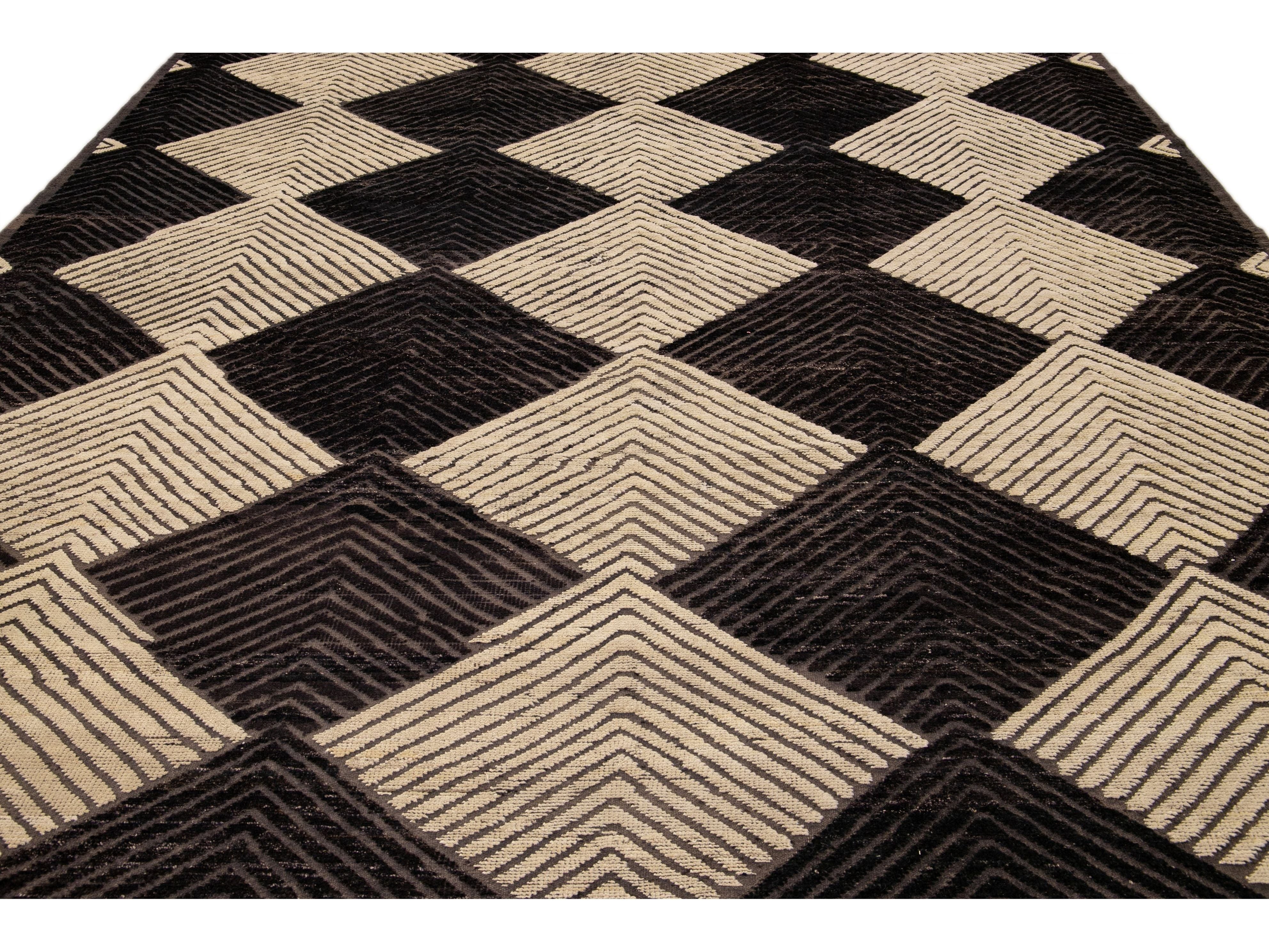 Modern Moroccan Style Handmade Diamond Abstract Motif Brown Wool Rug