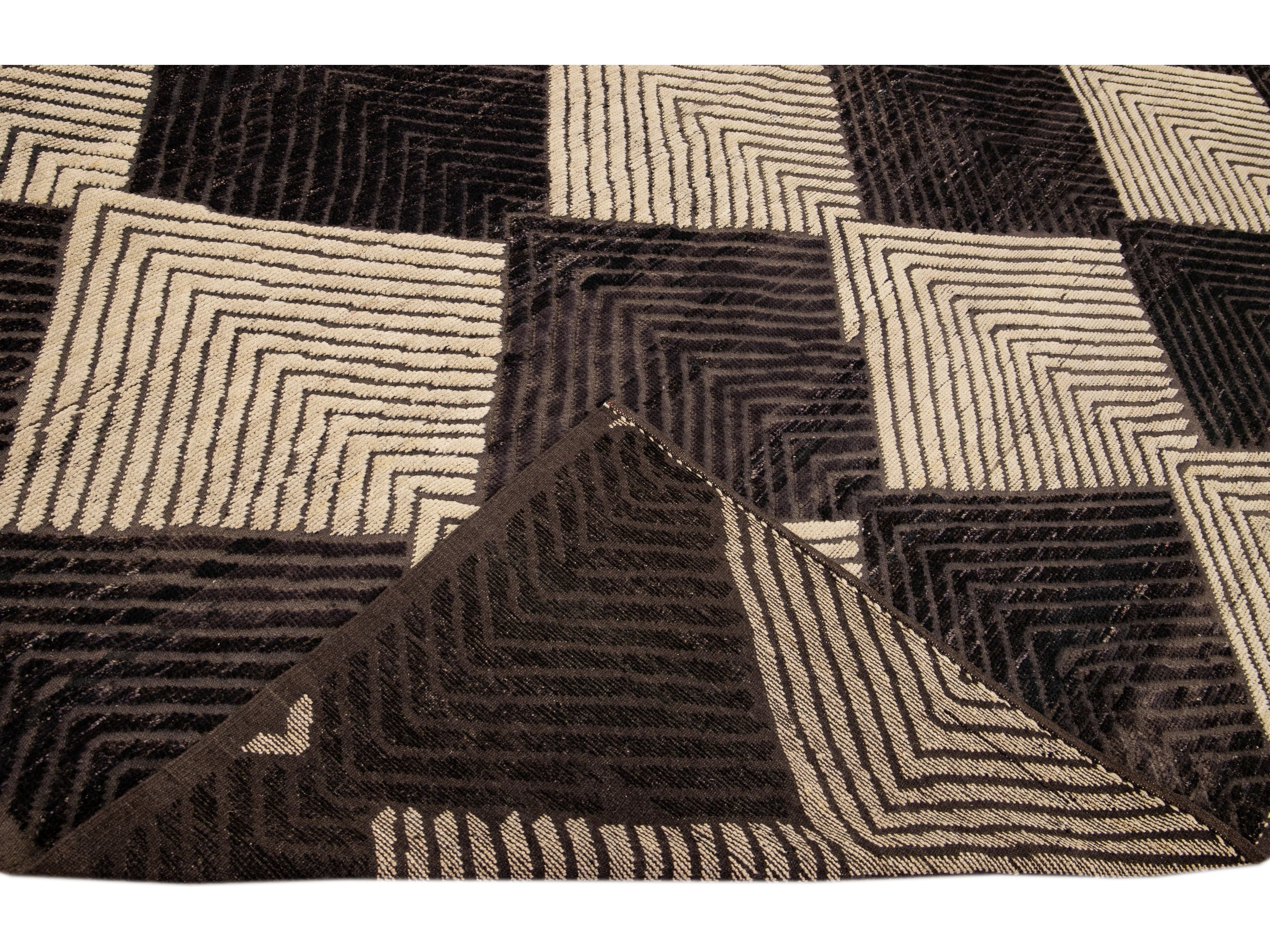 Modern Moroccan Style Handmade Diamond Abstract Motif Brown Wool Rug