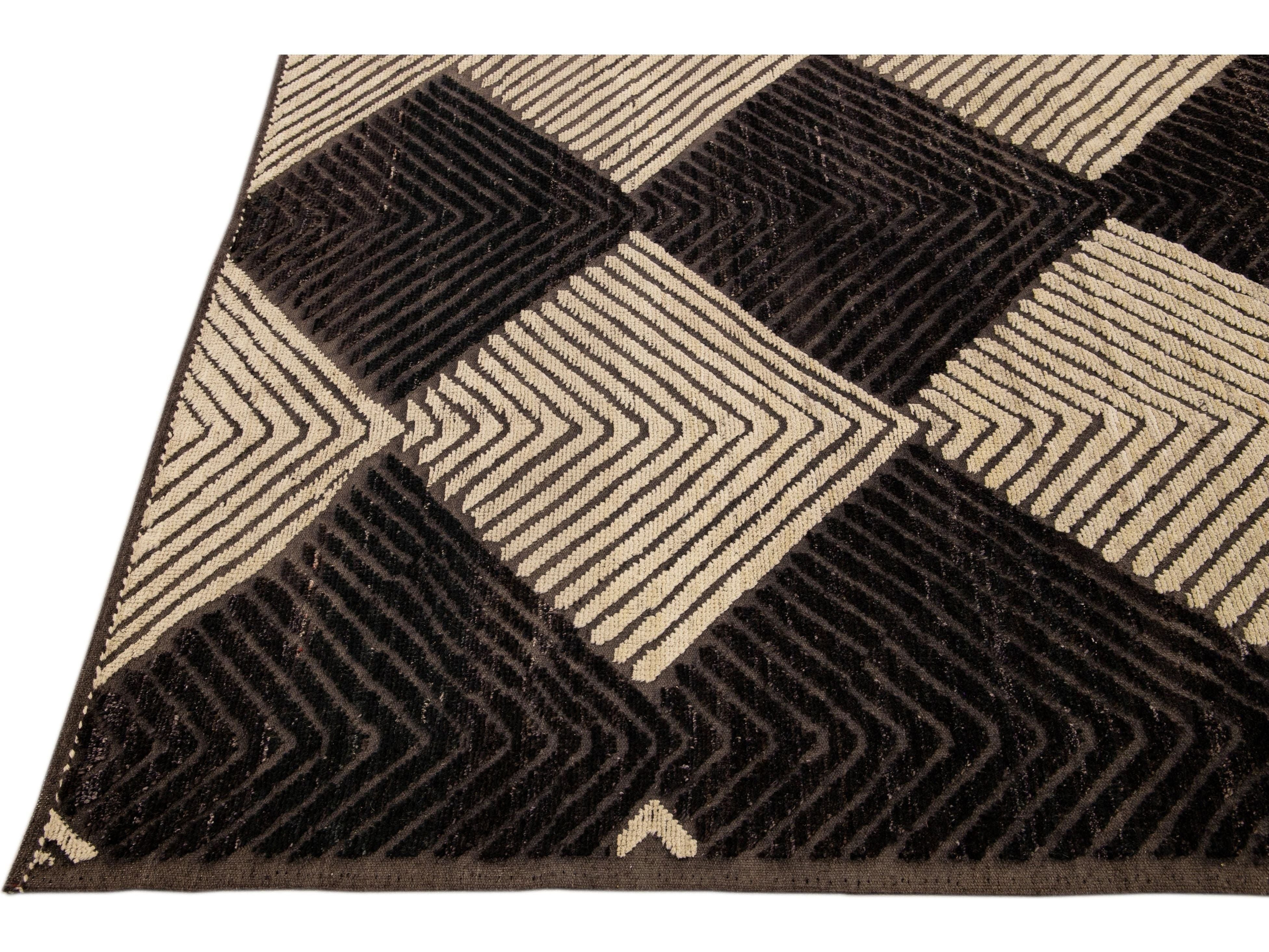 Modern Moroccan Style Handmade Diamond Abstract Motif Brown Wool Rug