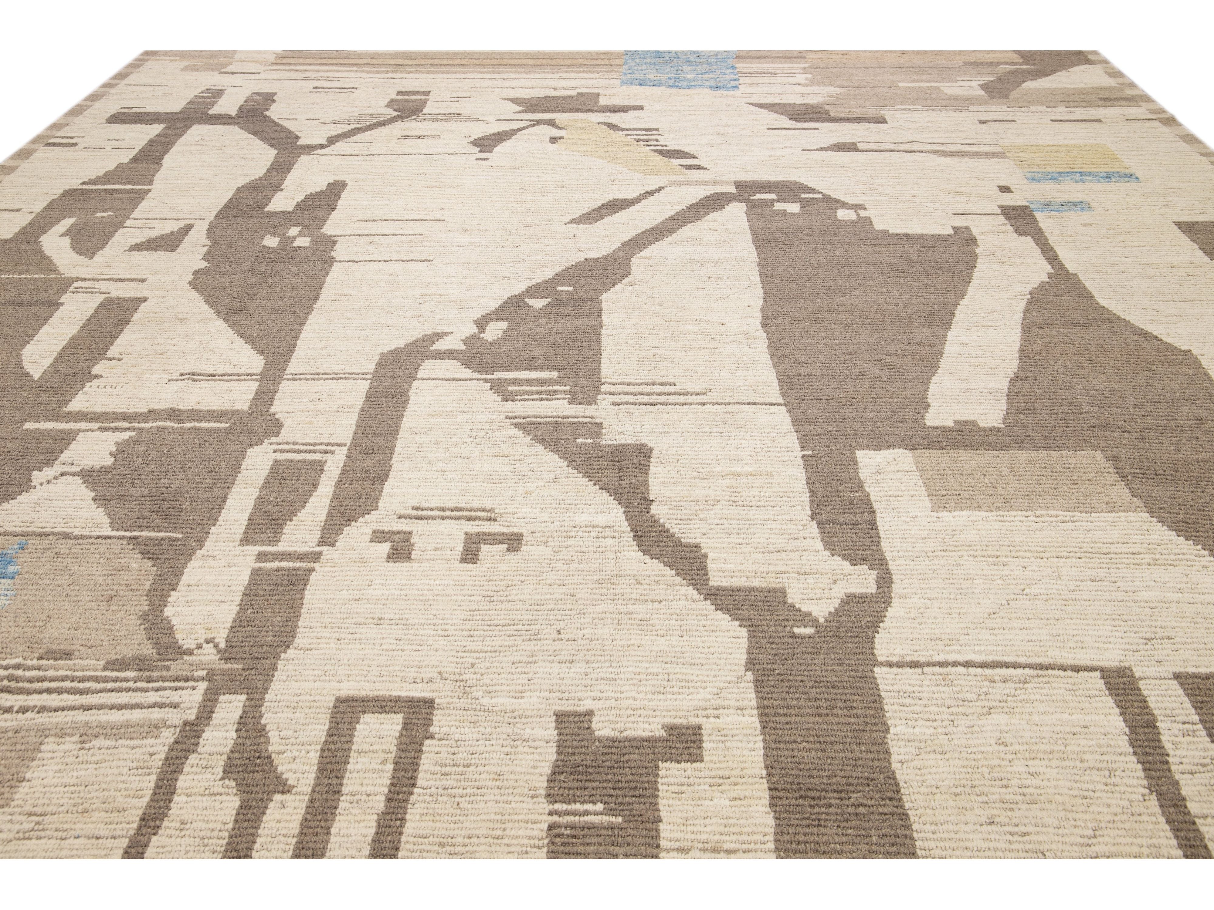 Modern Boho Chic Moroccan Style Handmade Abstract Motif Beige Oversize Wool Rug