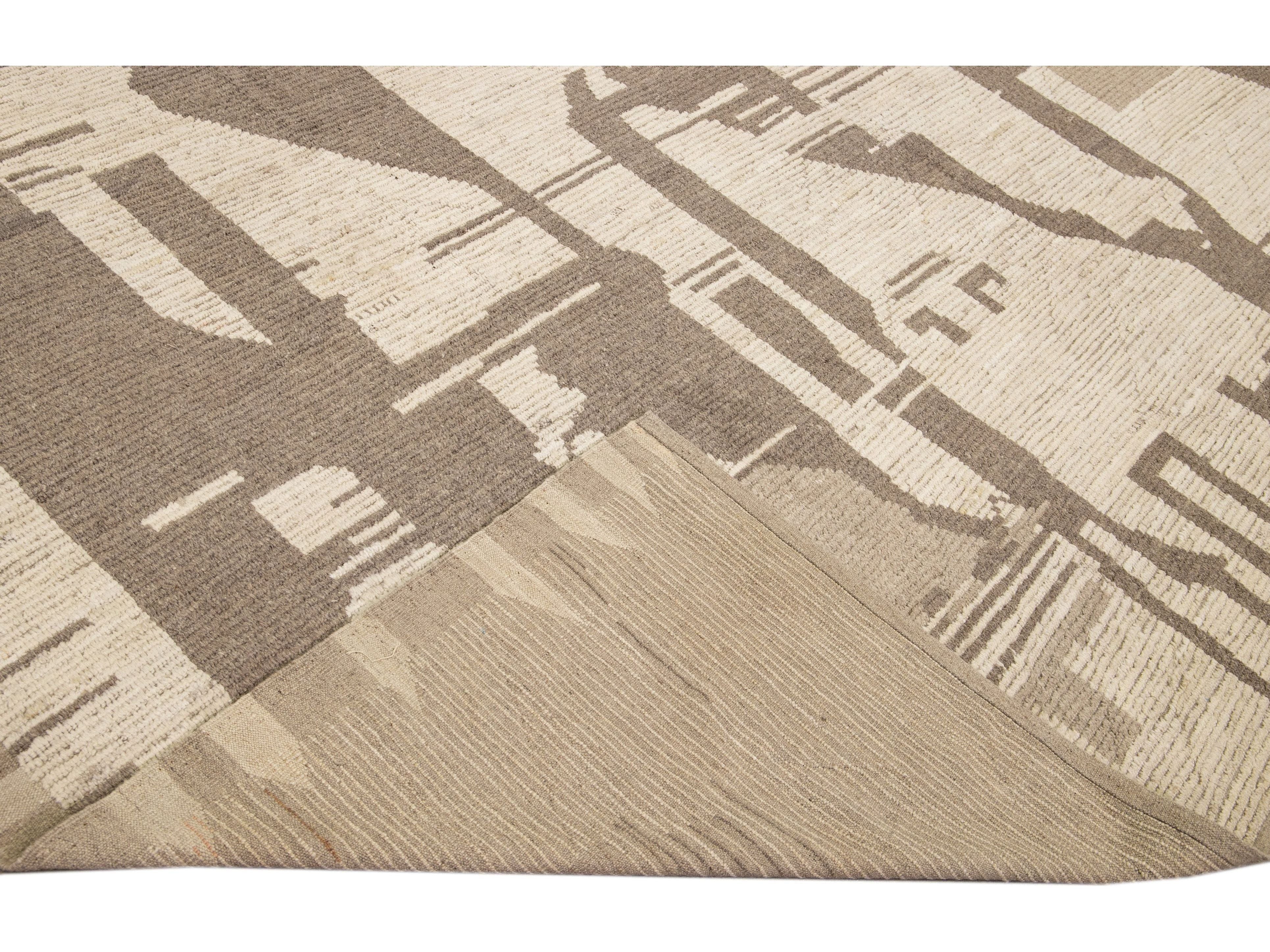 Modern Boho Chic Moroccan Style Handmade Abstract Motif Beige Oversize Wool Rug