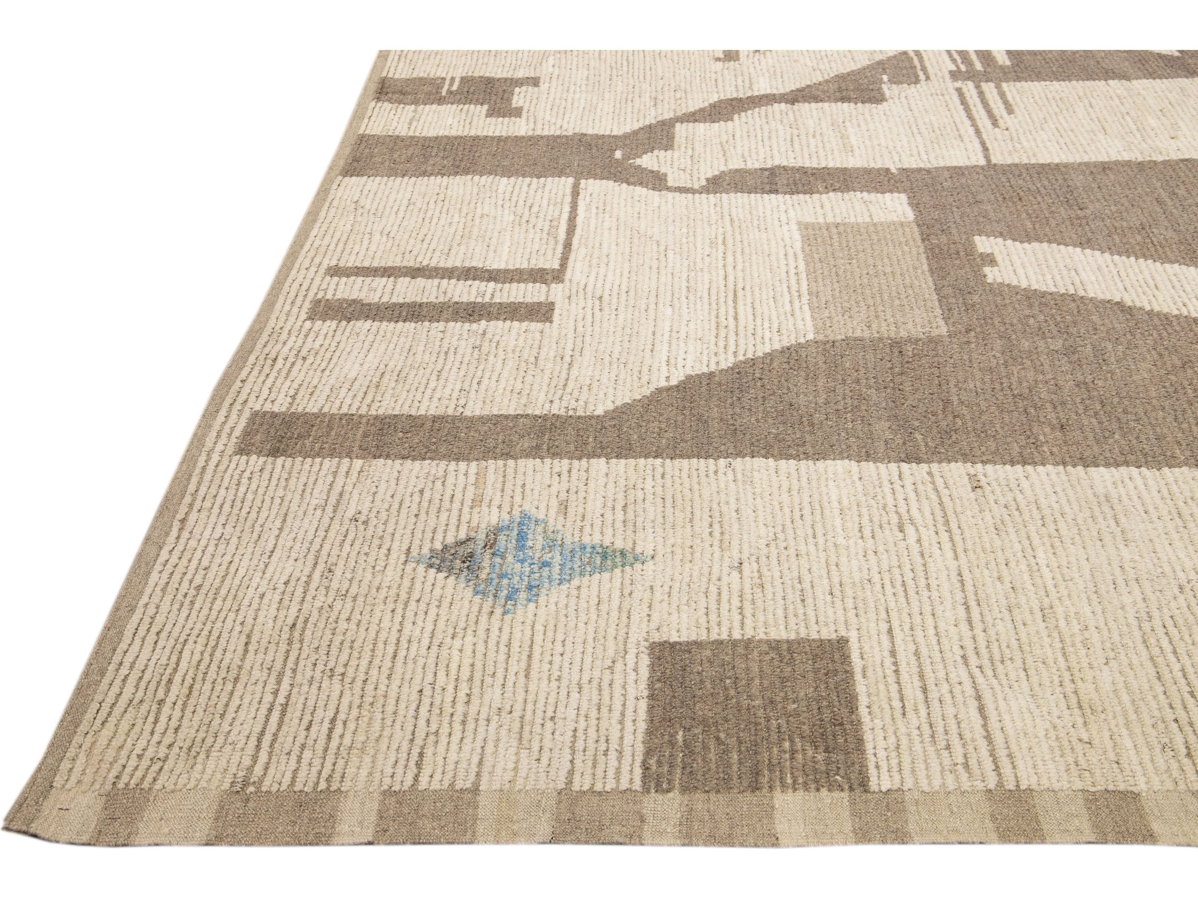 Modern Boho Chic Moroccan Style Handmade Abstract Motif Beige Oversize Wool Rug