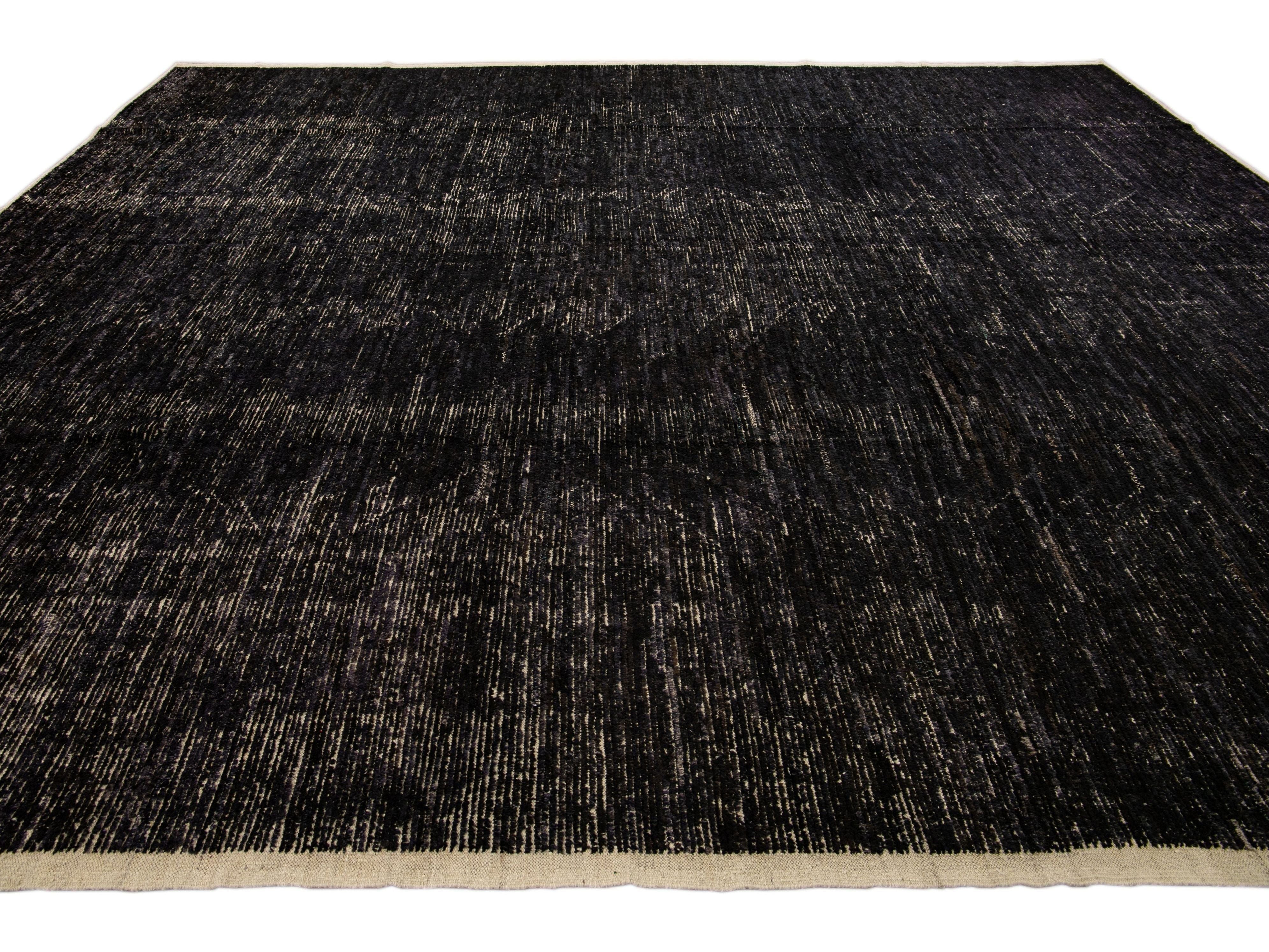 Modern Black Moroccan Style Handmade Boho Chic Oversize Wool Rug
