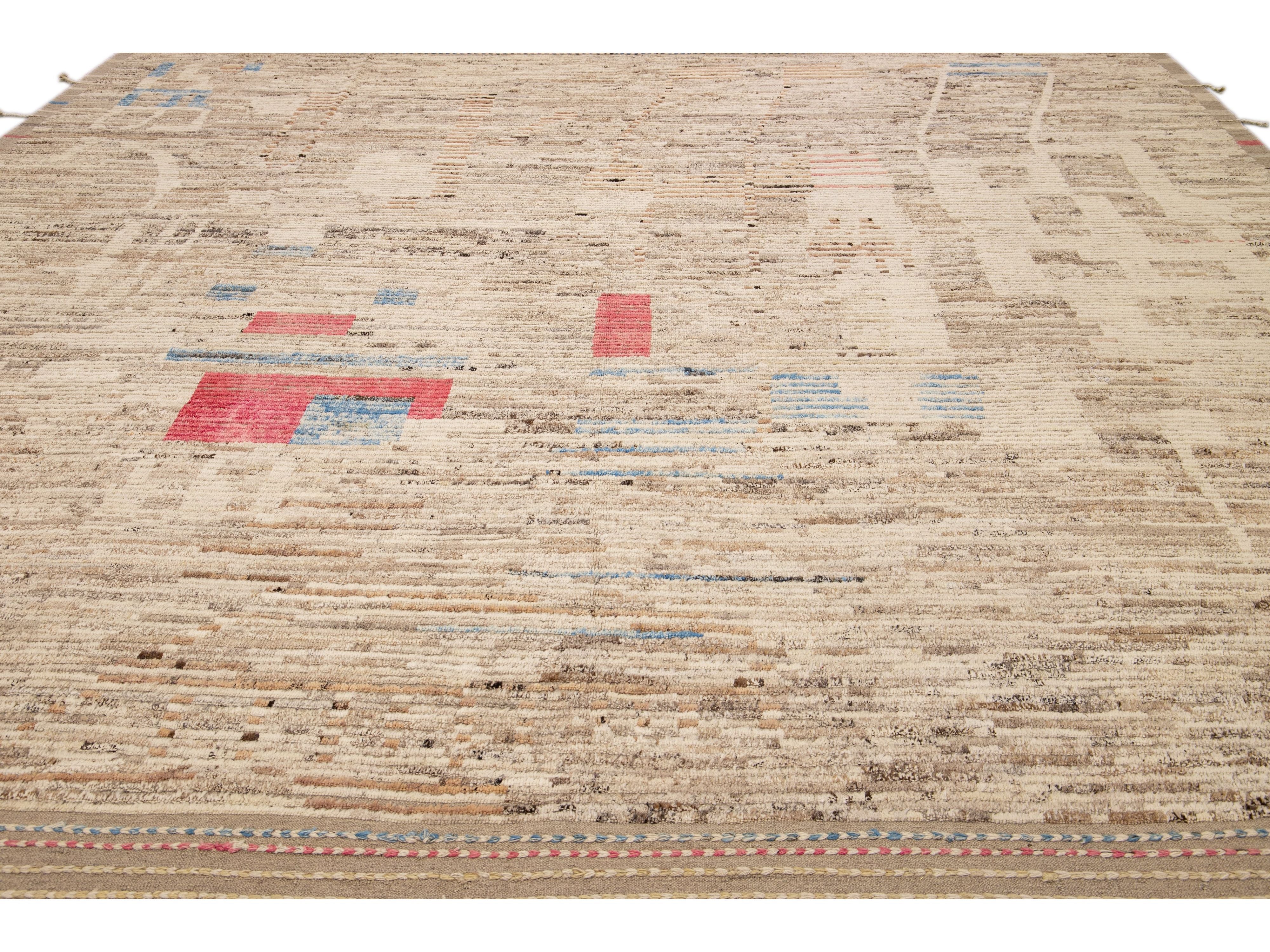Beige Modern Boho Chic Moroccan Style Handmade Abstract Motif Wool Rug