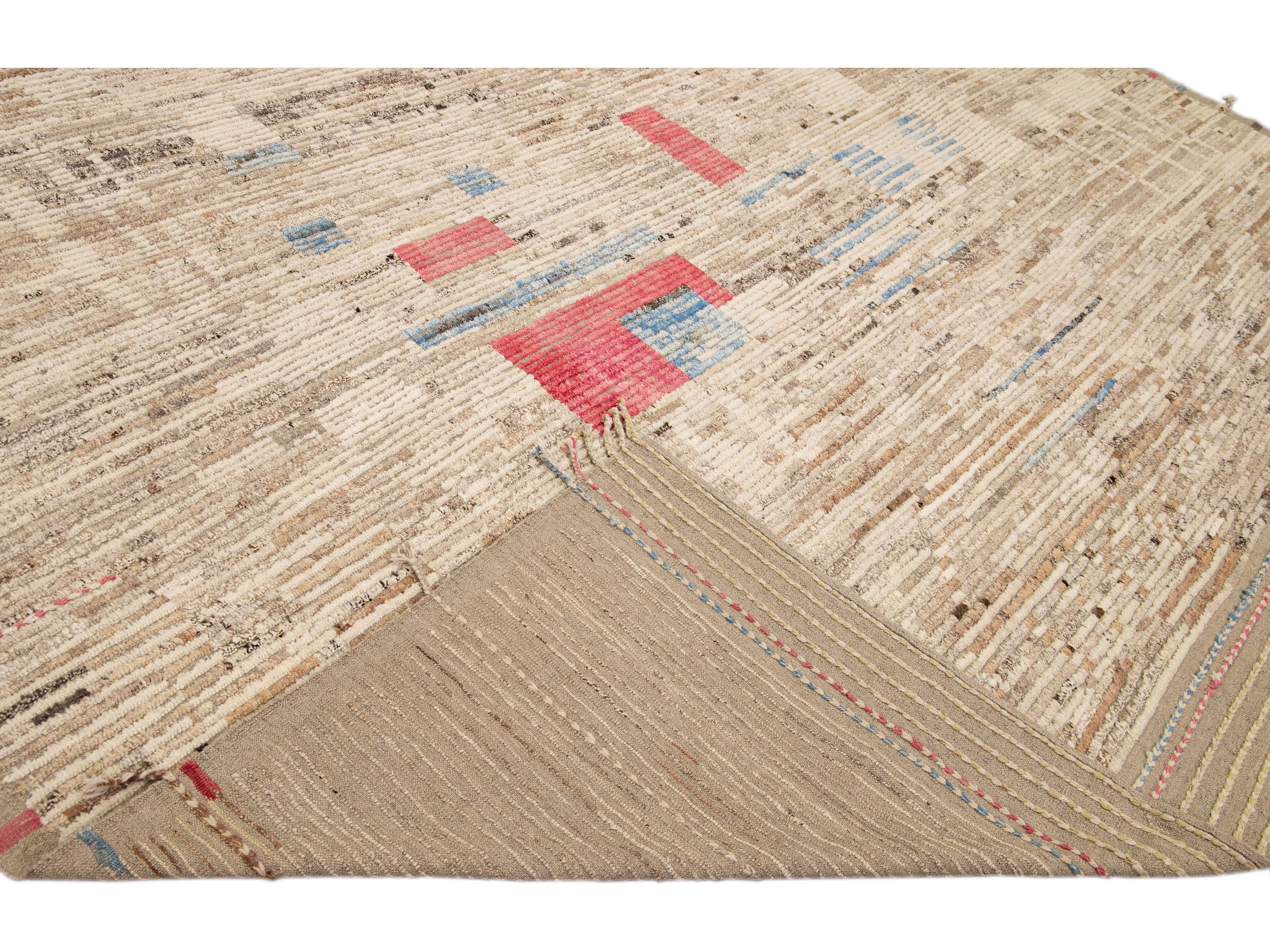 Beige Modern Boho Chic Moroccan Style Handmade Abstract Motif Wool RugBeige Modern Boho Chic Moroccan Style Handmade Abstract Motif Wool Rug