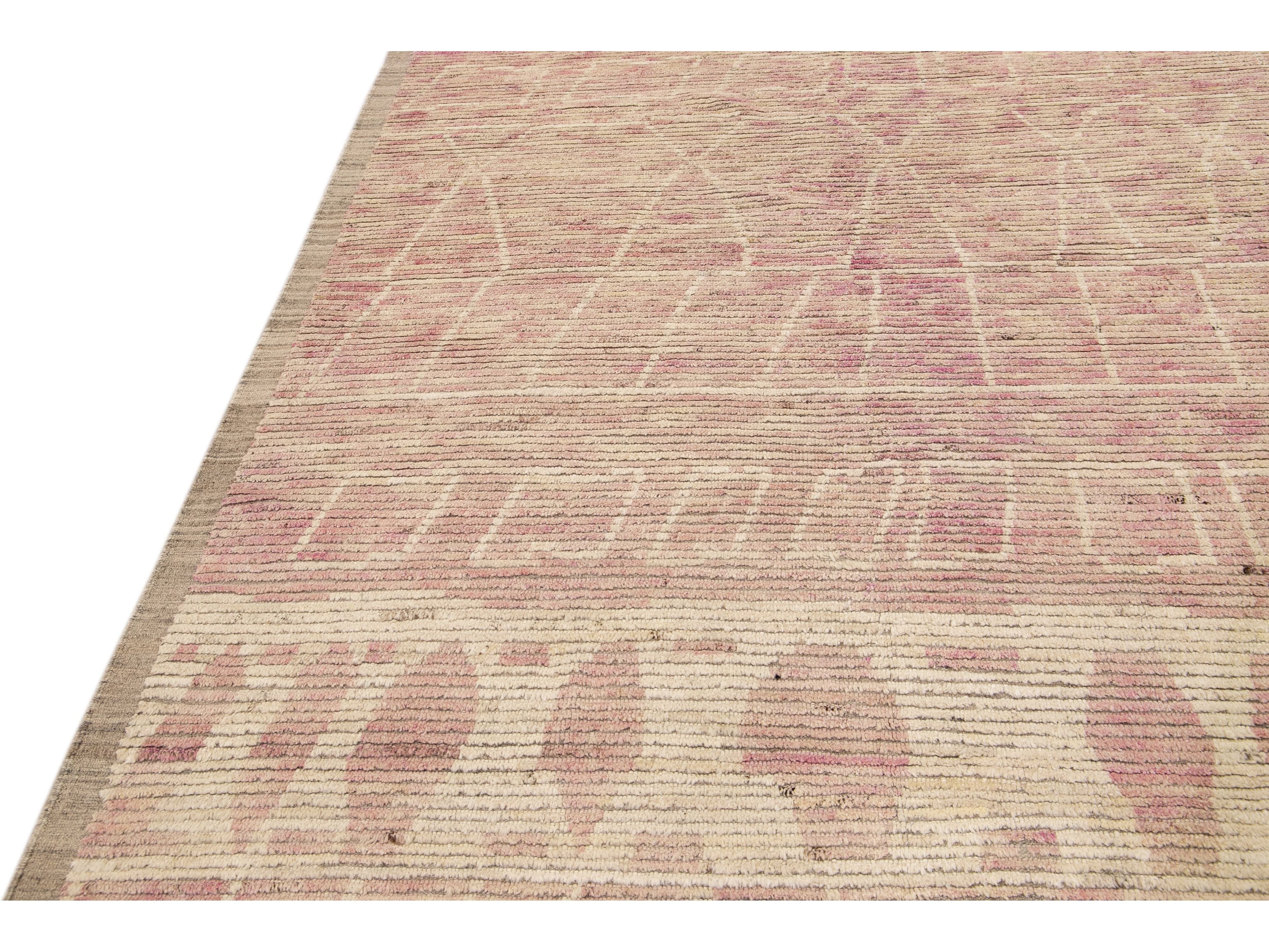 Modern Moroccan Style Handmade Tribal Beige and Pink Oversize Boho Wool Rug