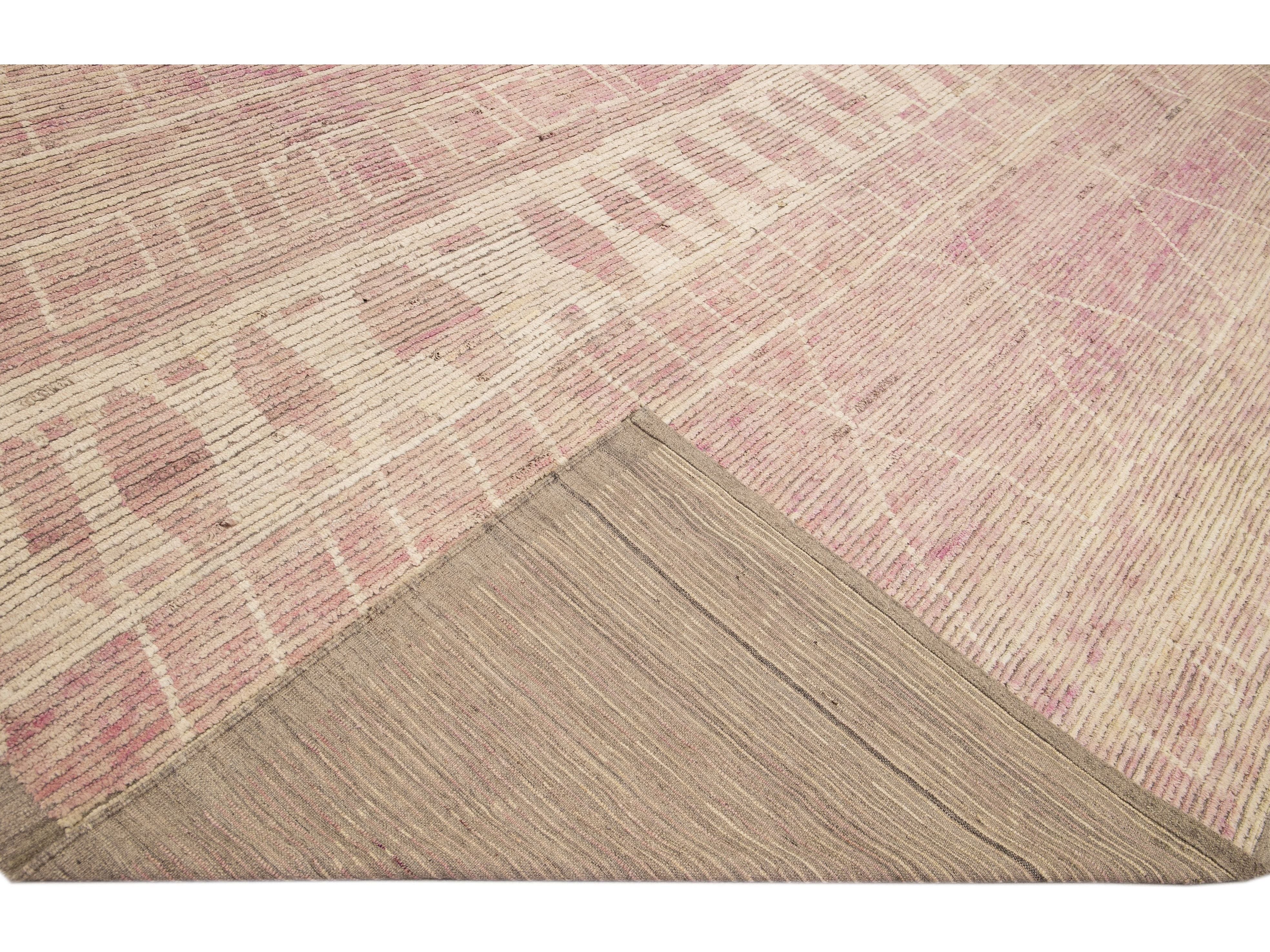 Modern Moroccan Style Handmade Tribal Beige and Pink Oversize Boho Wool Rug