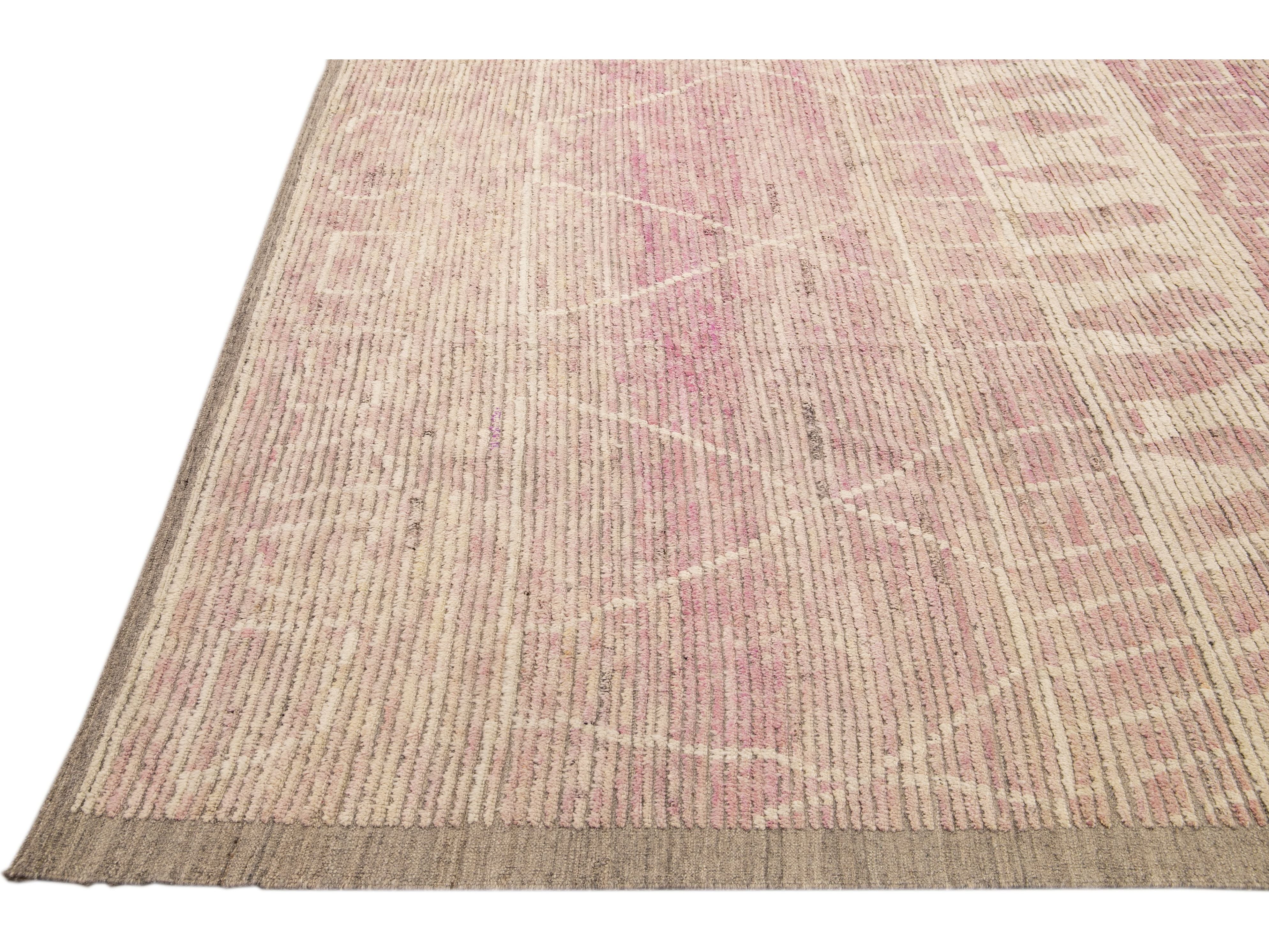 Modern Moroccan Style Handmade Tribal Beige and Pink Oversize Boho Wool Rug