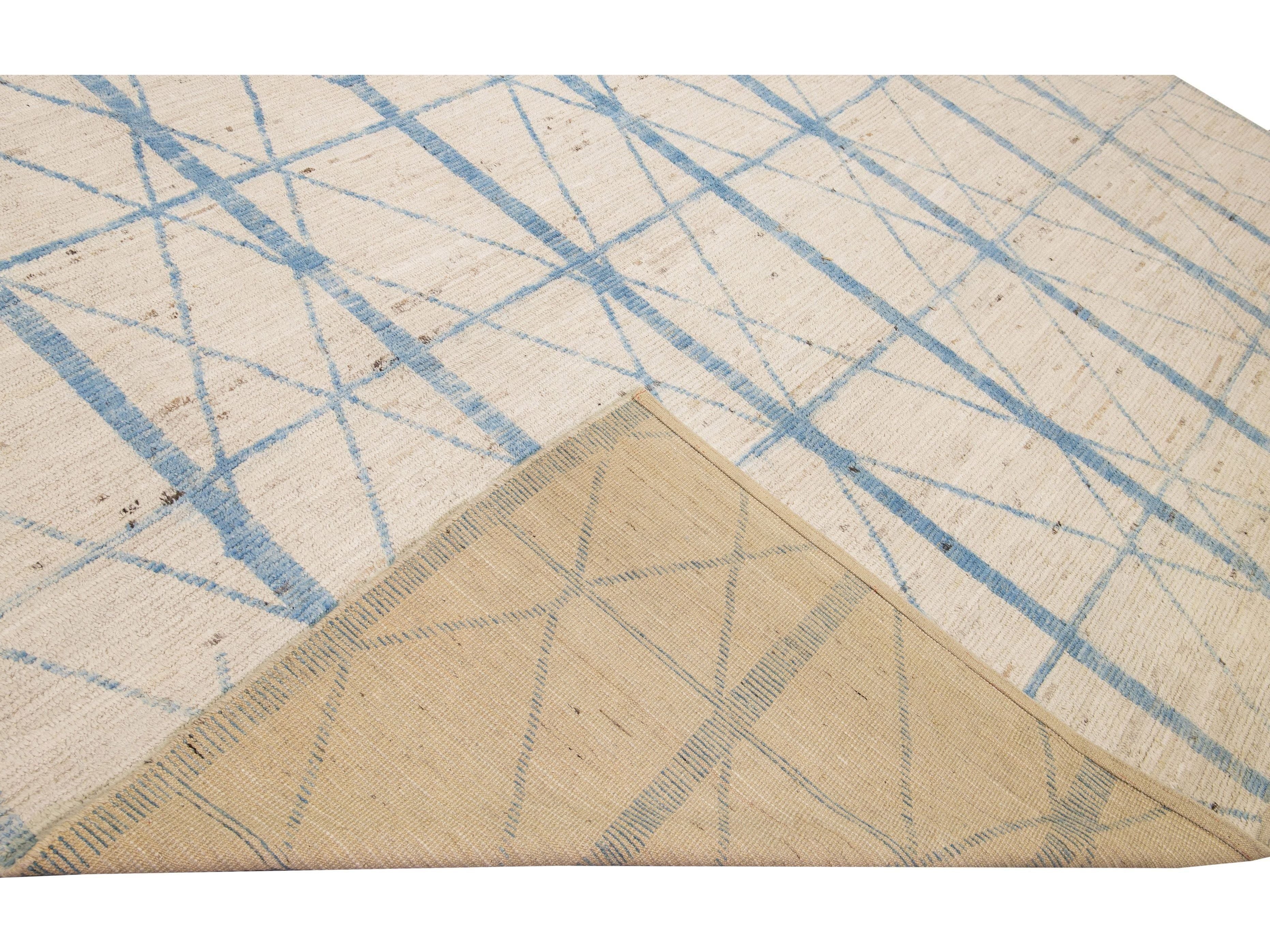 Modern Moroccan Style Beige and Blue Handmade Geometric Oversize Wool Rug