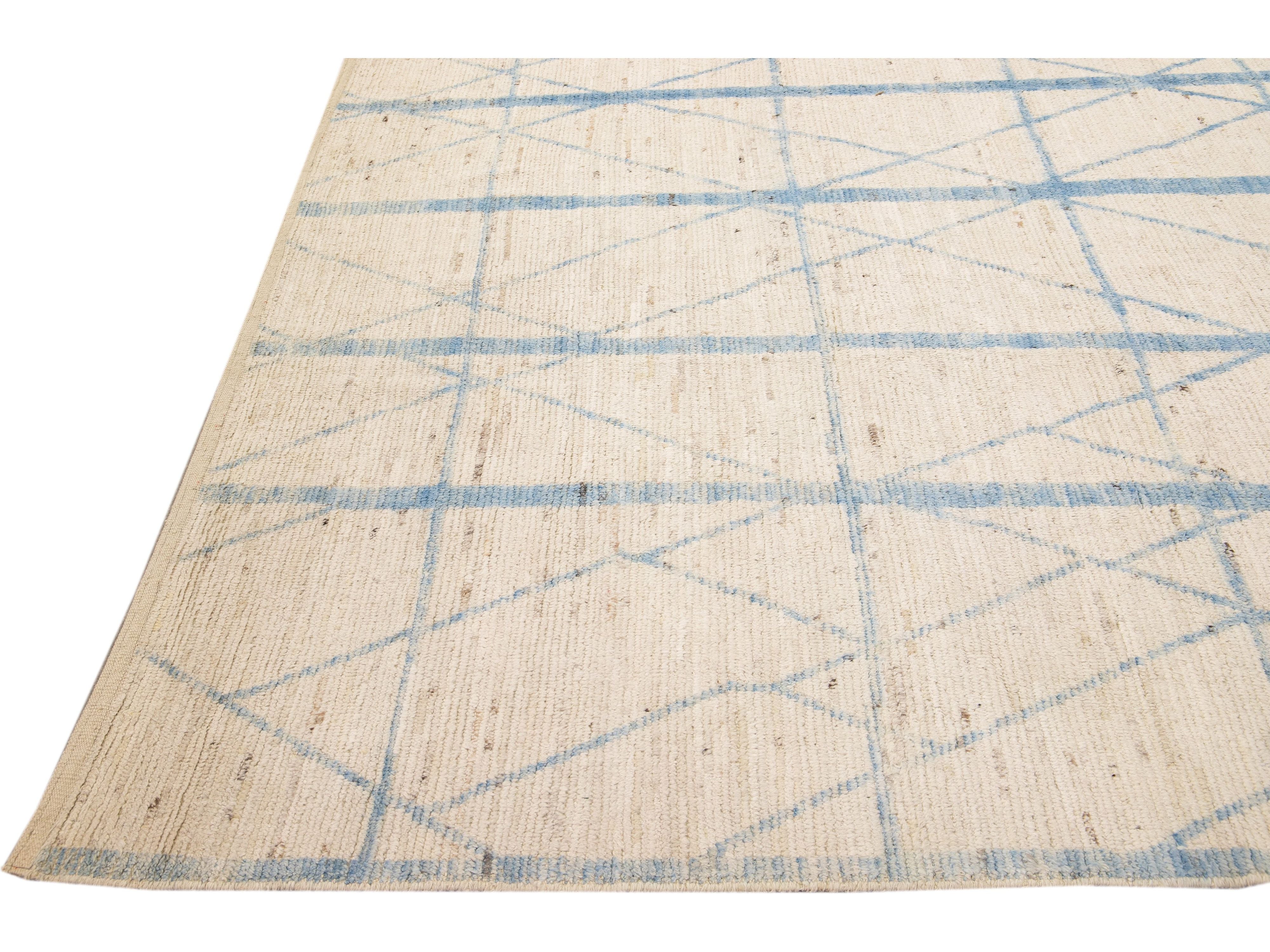 Modern Moroccan Style Beige and Blue Handmade Geometric Oversize Wool Rug