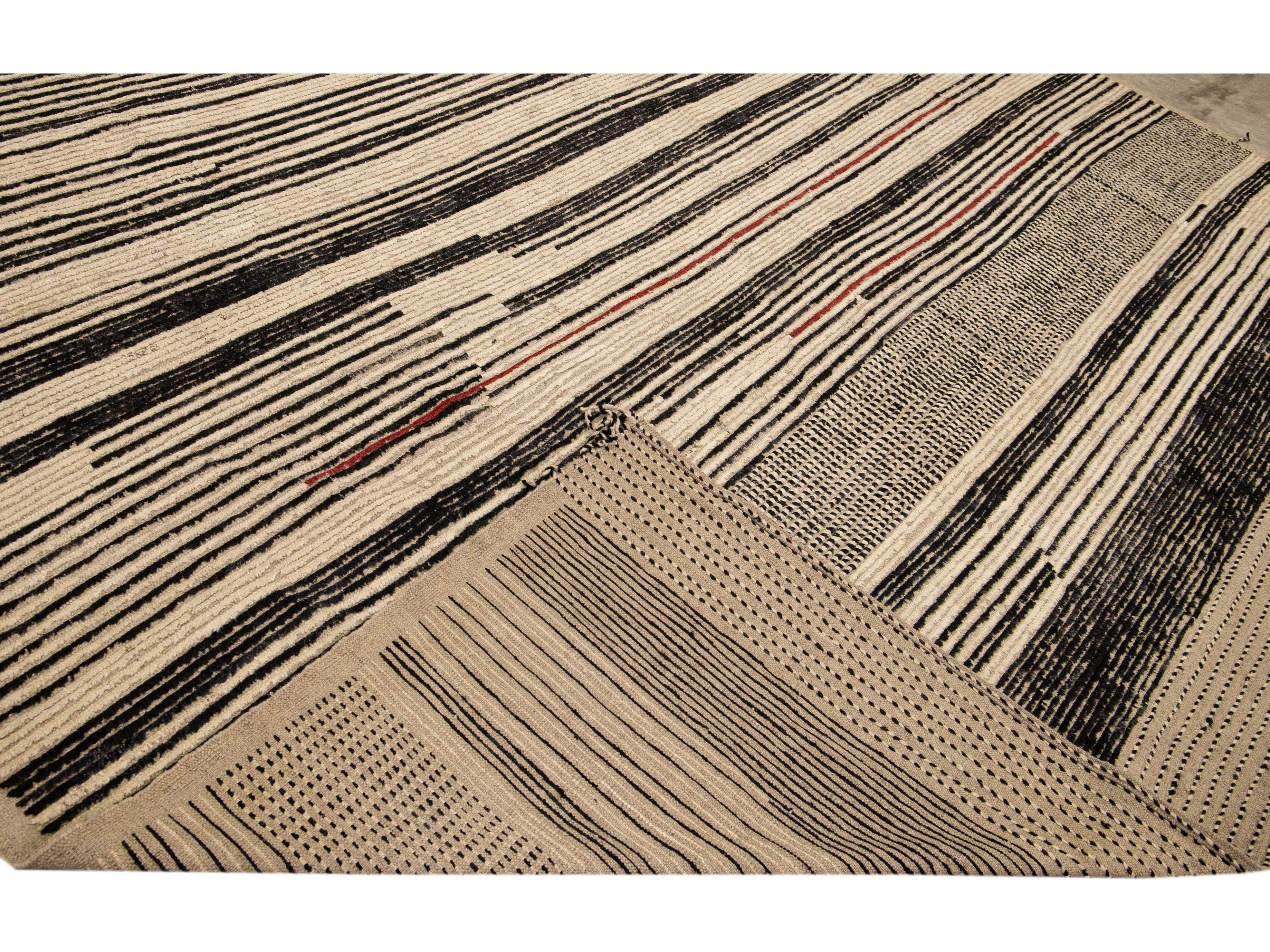 Modern Moroccan Bohemian Style Black And Beige Handmade Striped Motif Wool Rug
