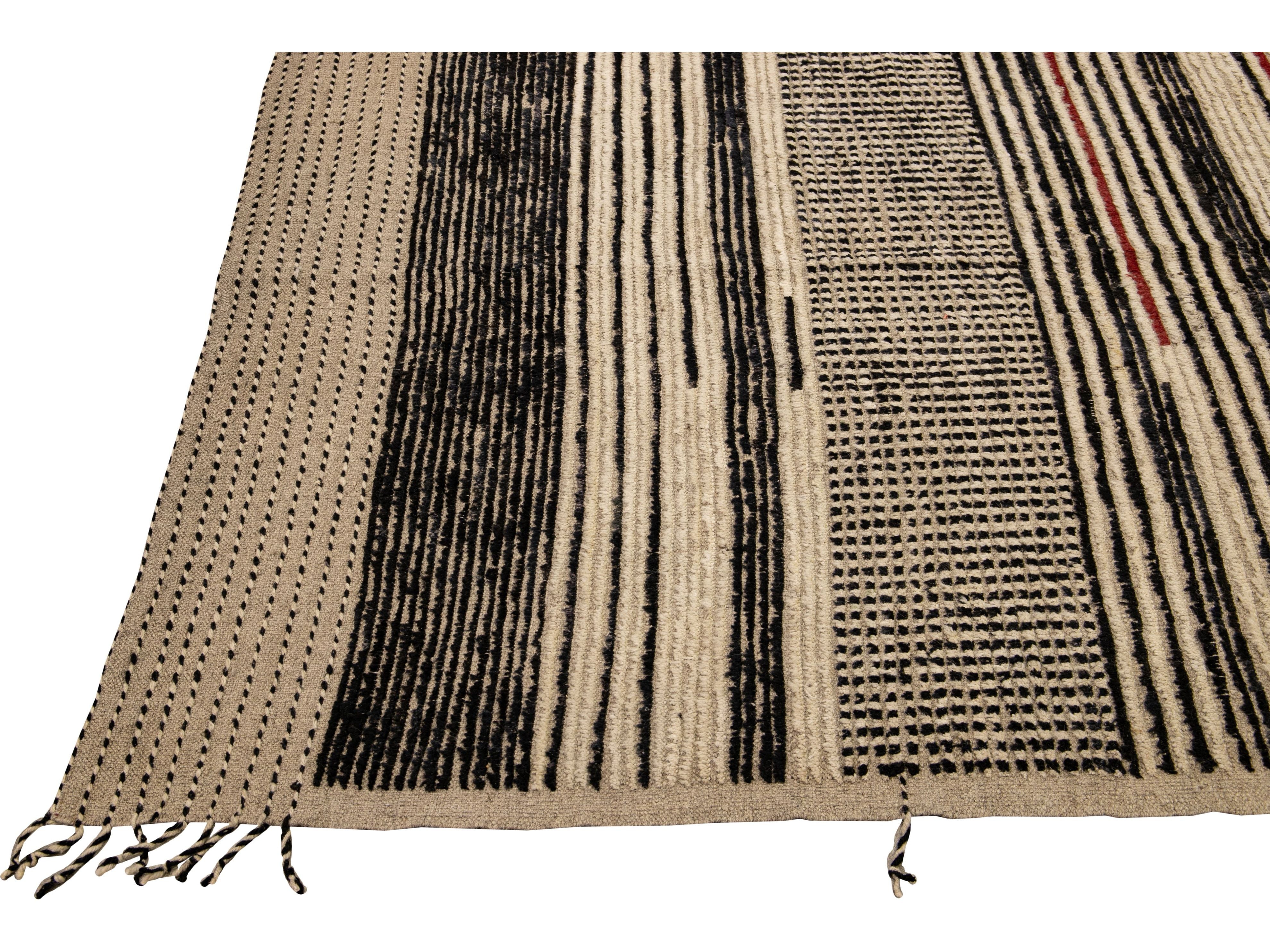 Modern Moroccan Bohemian Style Black And Beige Handmade Striped Motif Wool Rug
