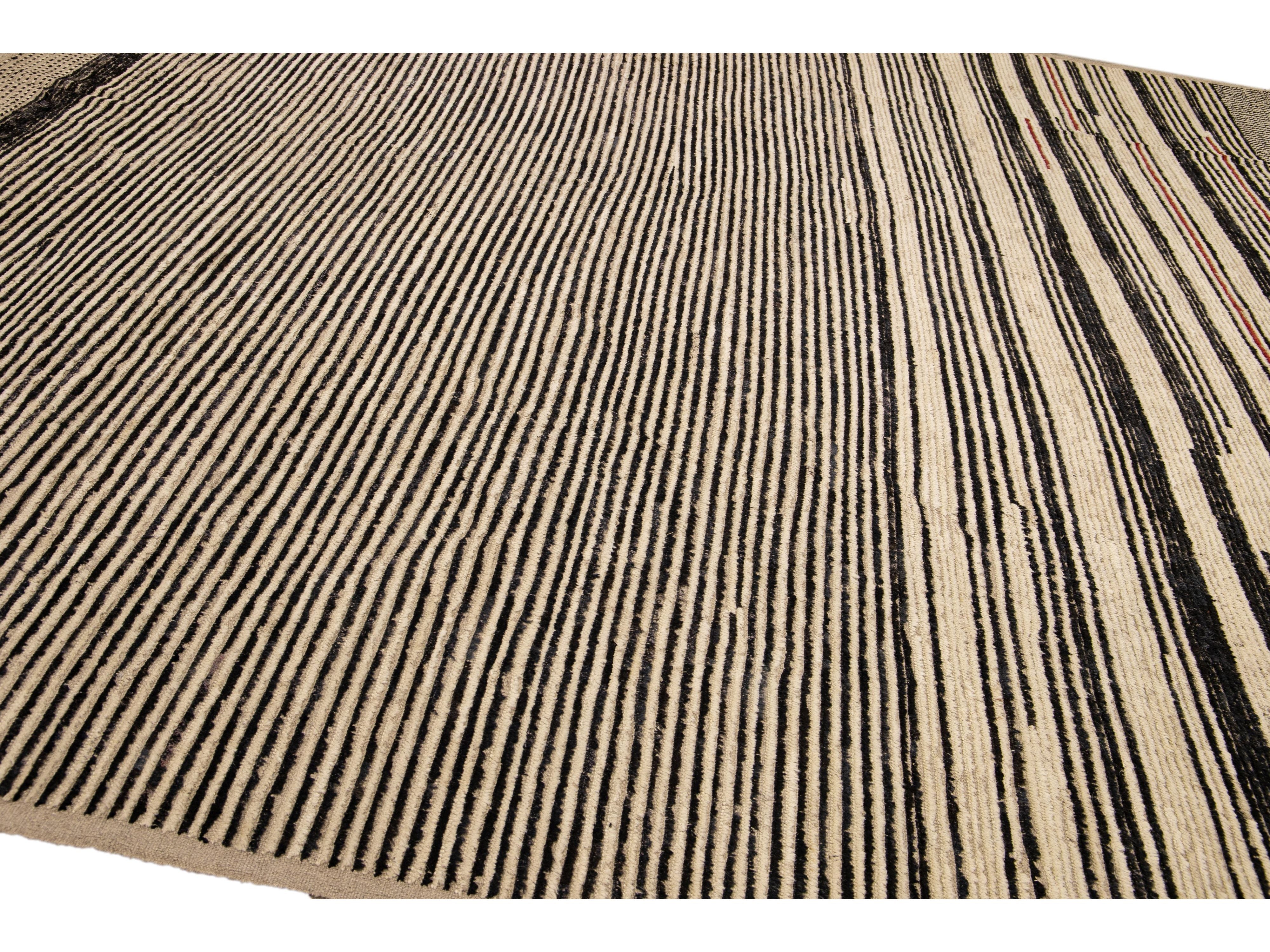 Modern Moroccan Bohemian Style Black And Beige Handmade Striped Motif Wool Rug