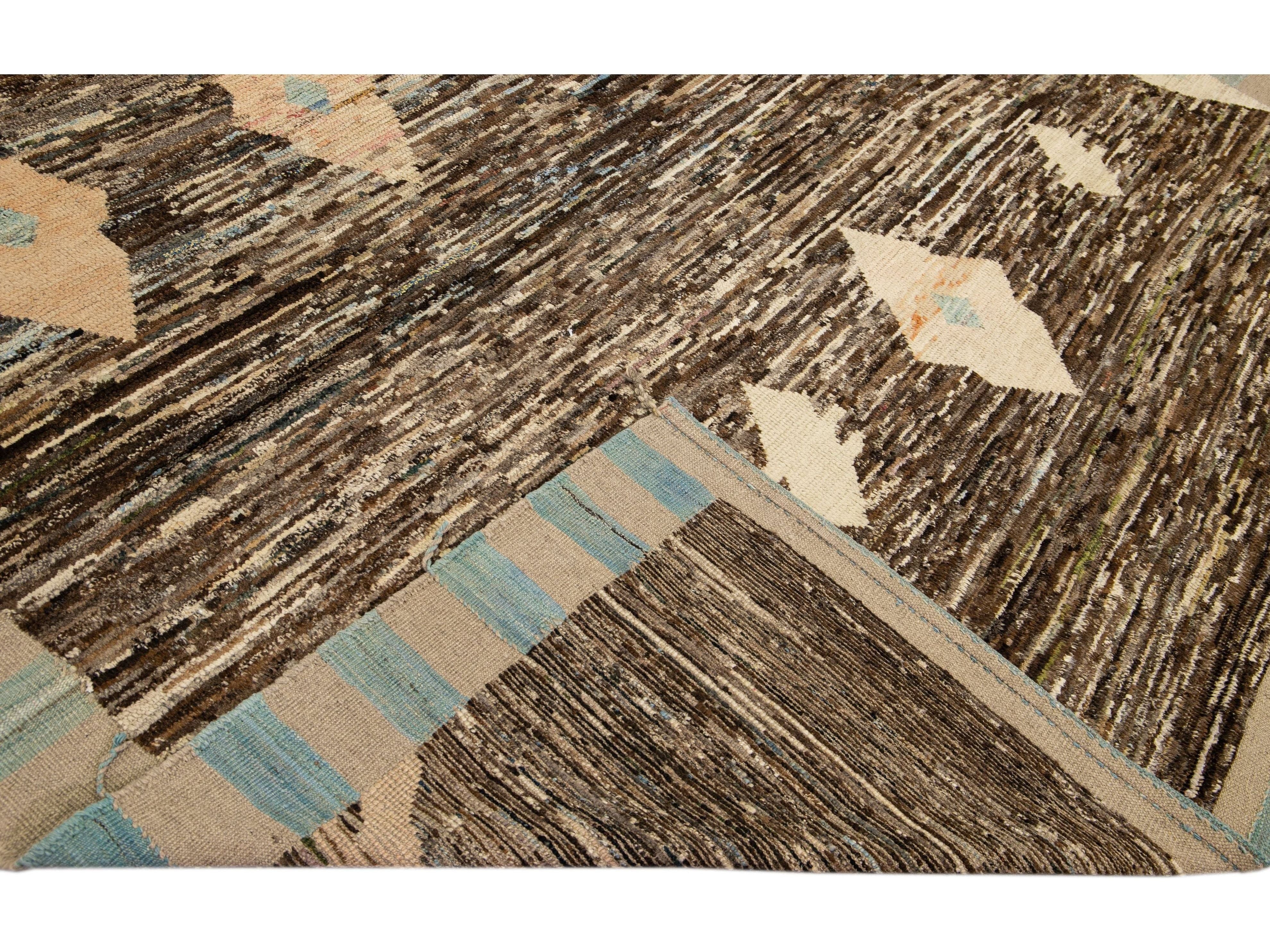 Modern Brown Moroccan Style Handmade Geometric Motif Wool Rug