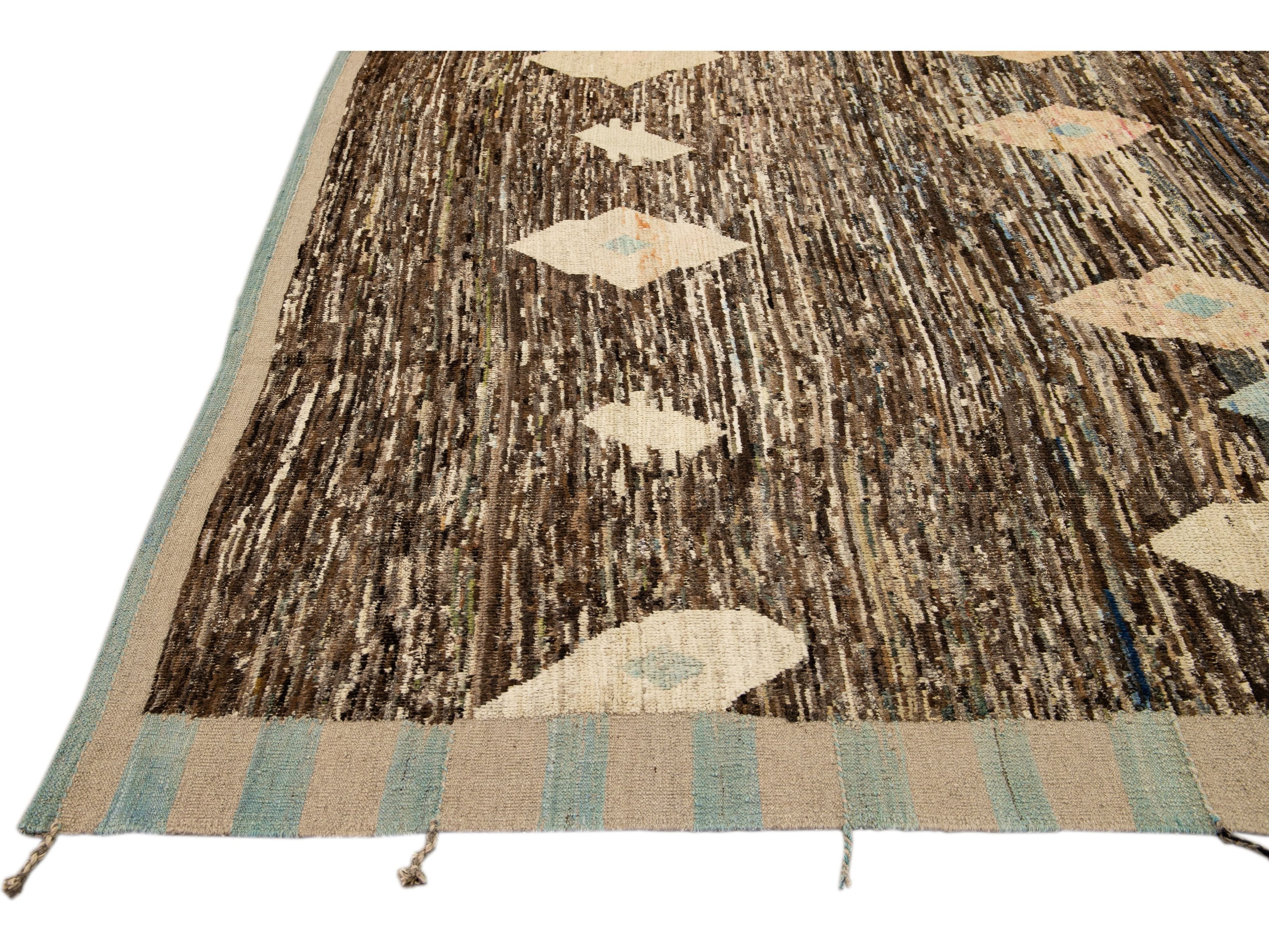 Modern Brown Moroccan Style Handmade Geometric Motif Wool Rug