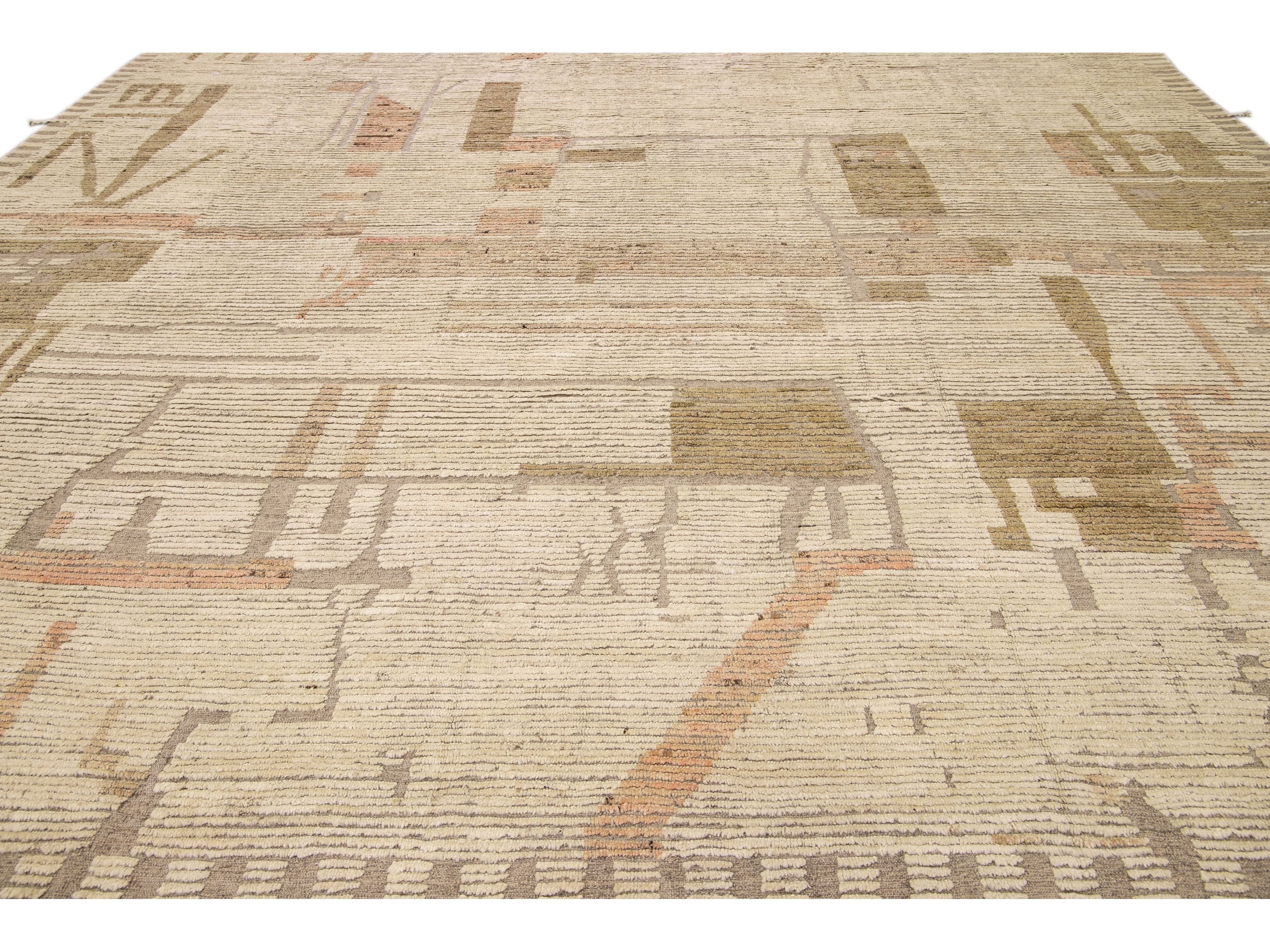 Modern Boho Chic Moroccan Style Handmade Abstract Beige Square Wool Rug