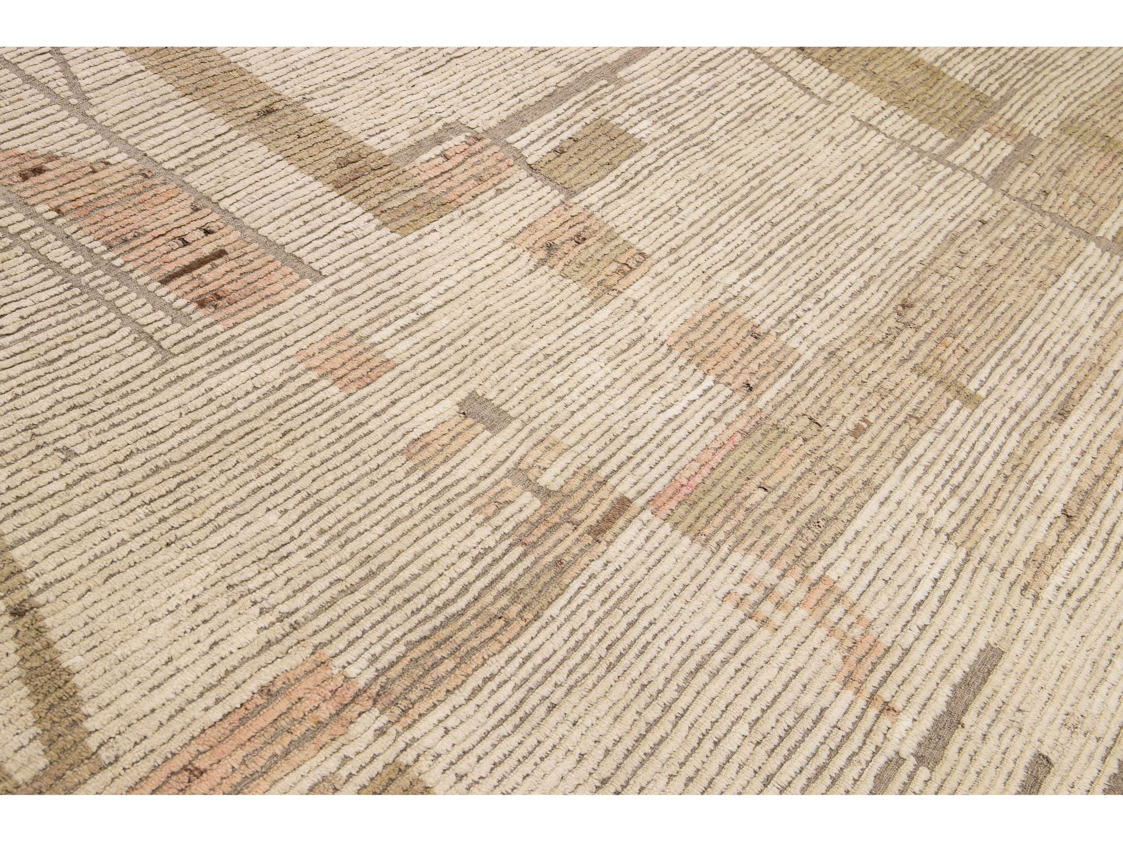 Modern Boho Chic Moroccan Style Handmade Abstract Beige Square Wool Rug