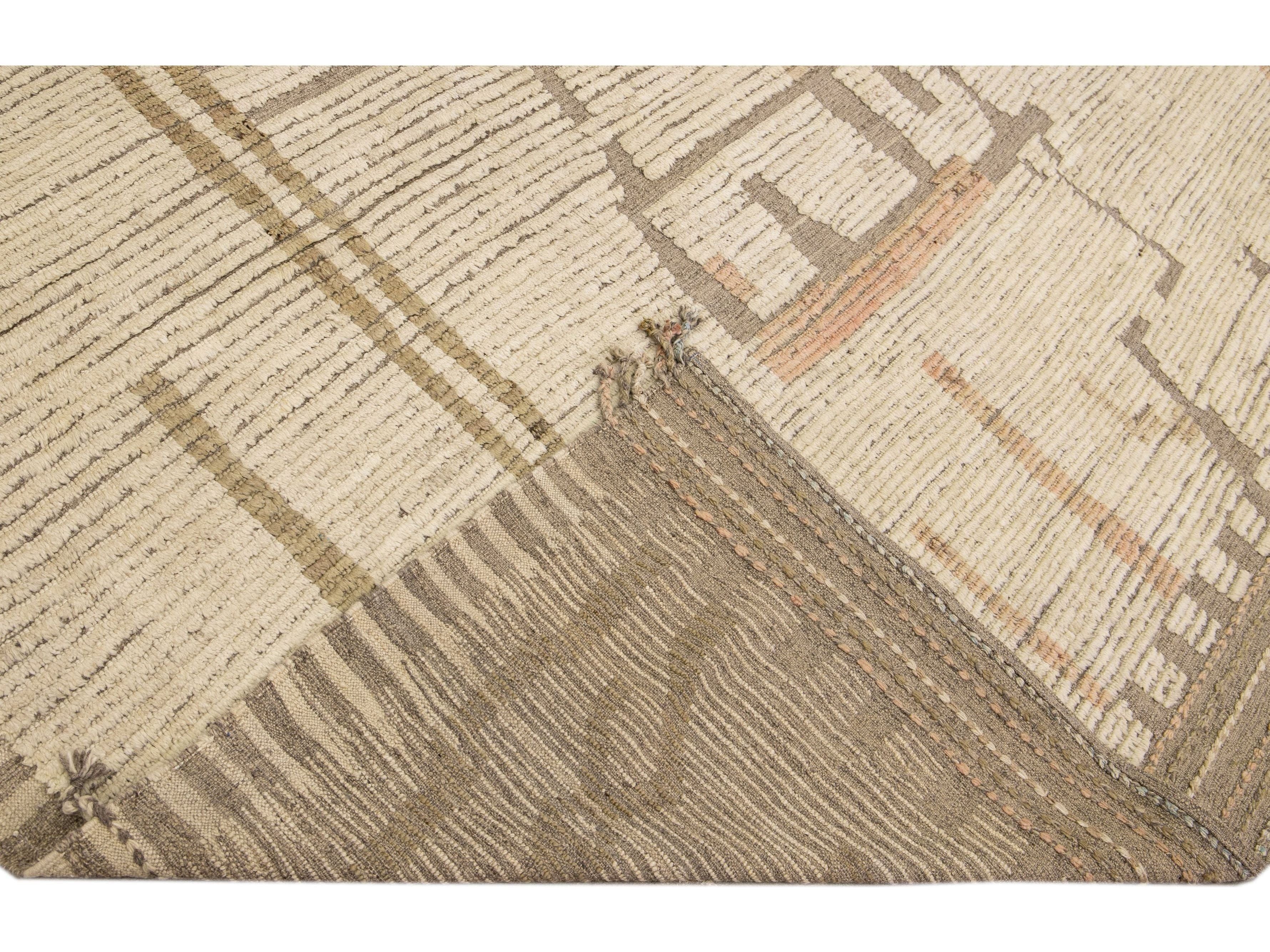 Modern Boho Chic Moroccan Style Handmade Abstract Beige Square Wool Rug