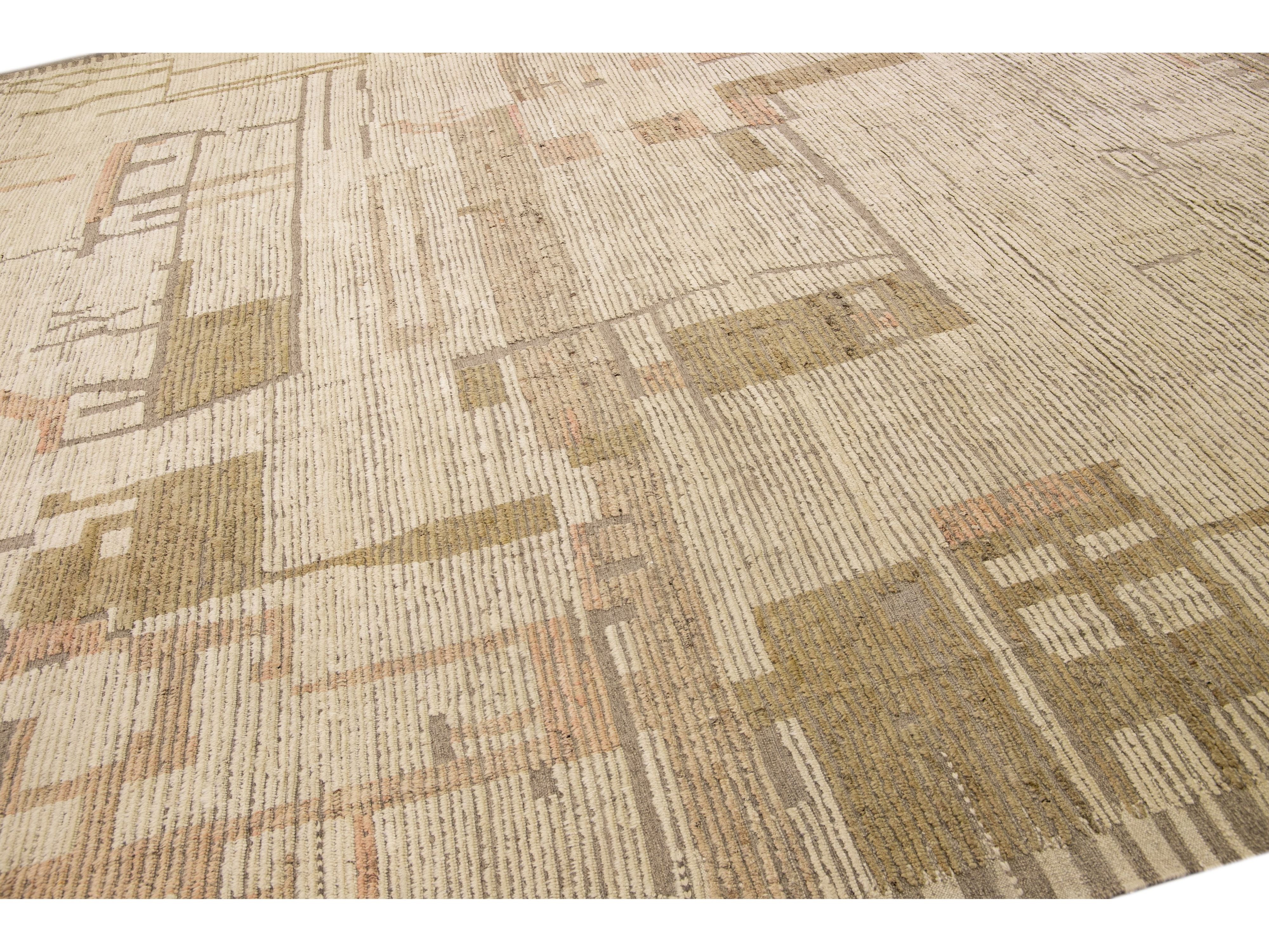 Modern Boho Chic Moroccan Style Handmade Abstract Beige Square Wool Rug