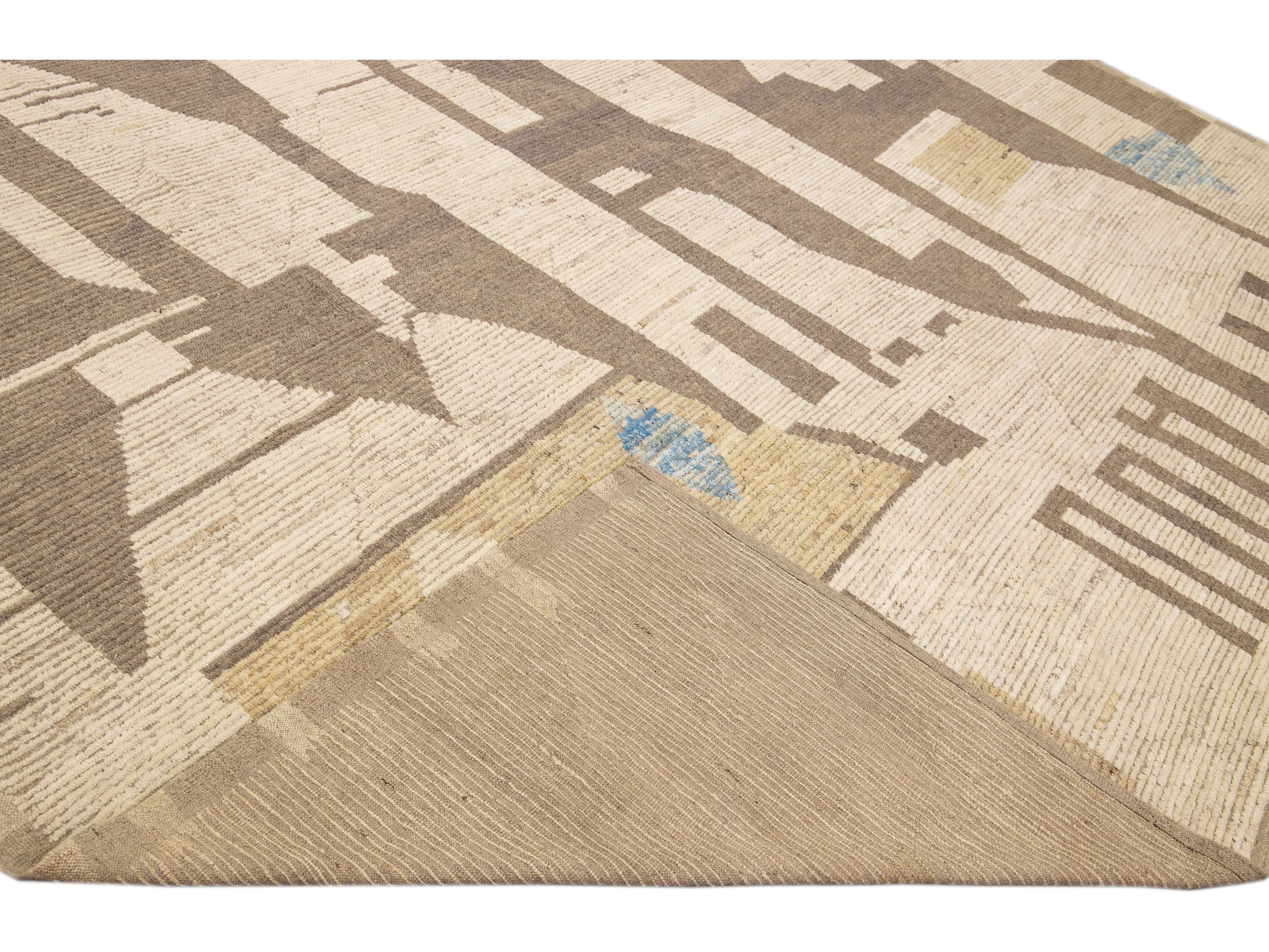 Beige Modern Boho Chic Moroccan Style Handmade Abstract Motif Oversize Wool Rug