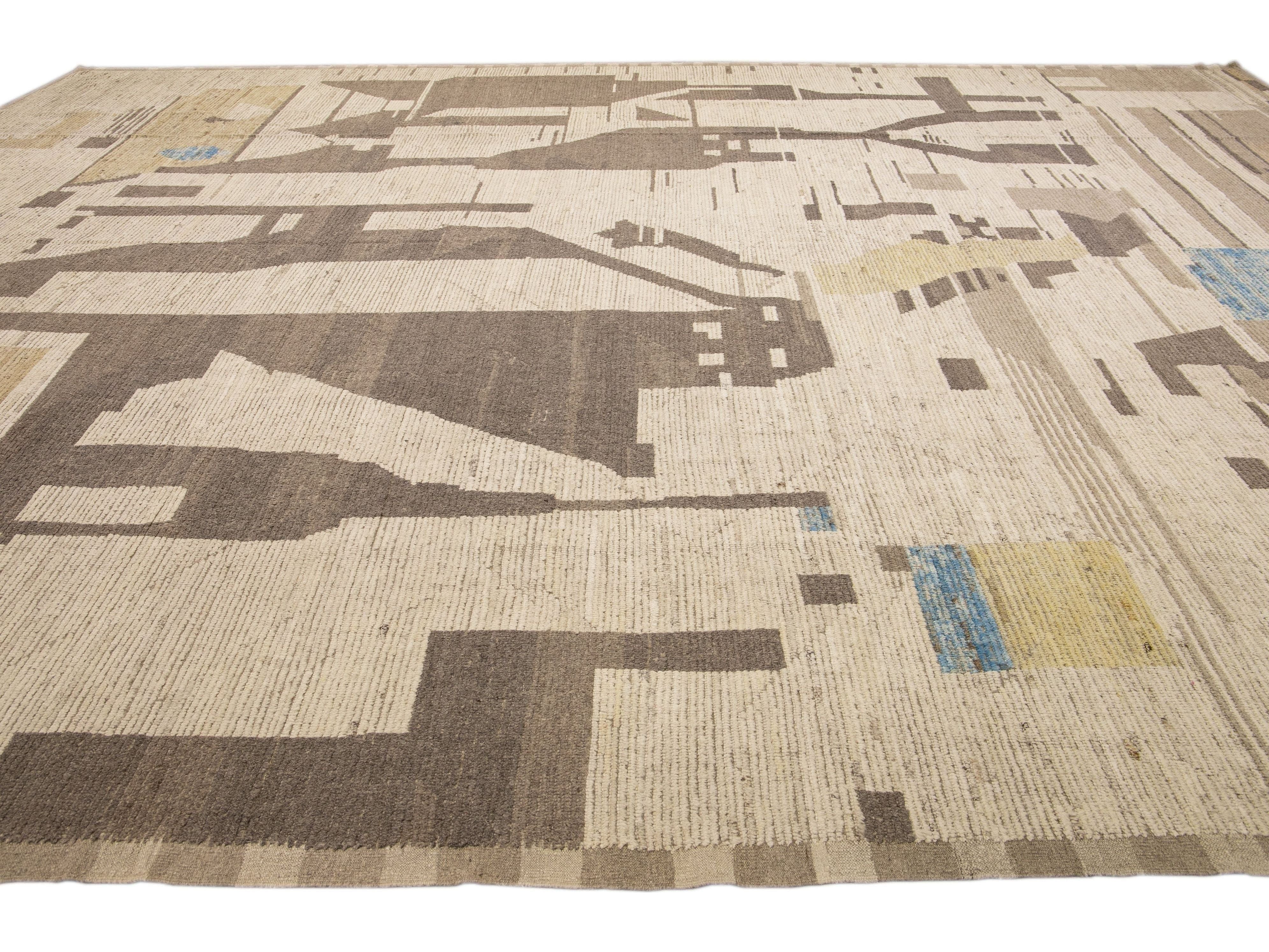 Beige Modern Boho Chic Moroccan Style Handmade Abstract Motif Oversize Wool Rug