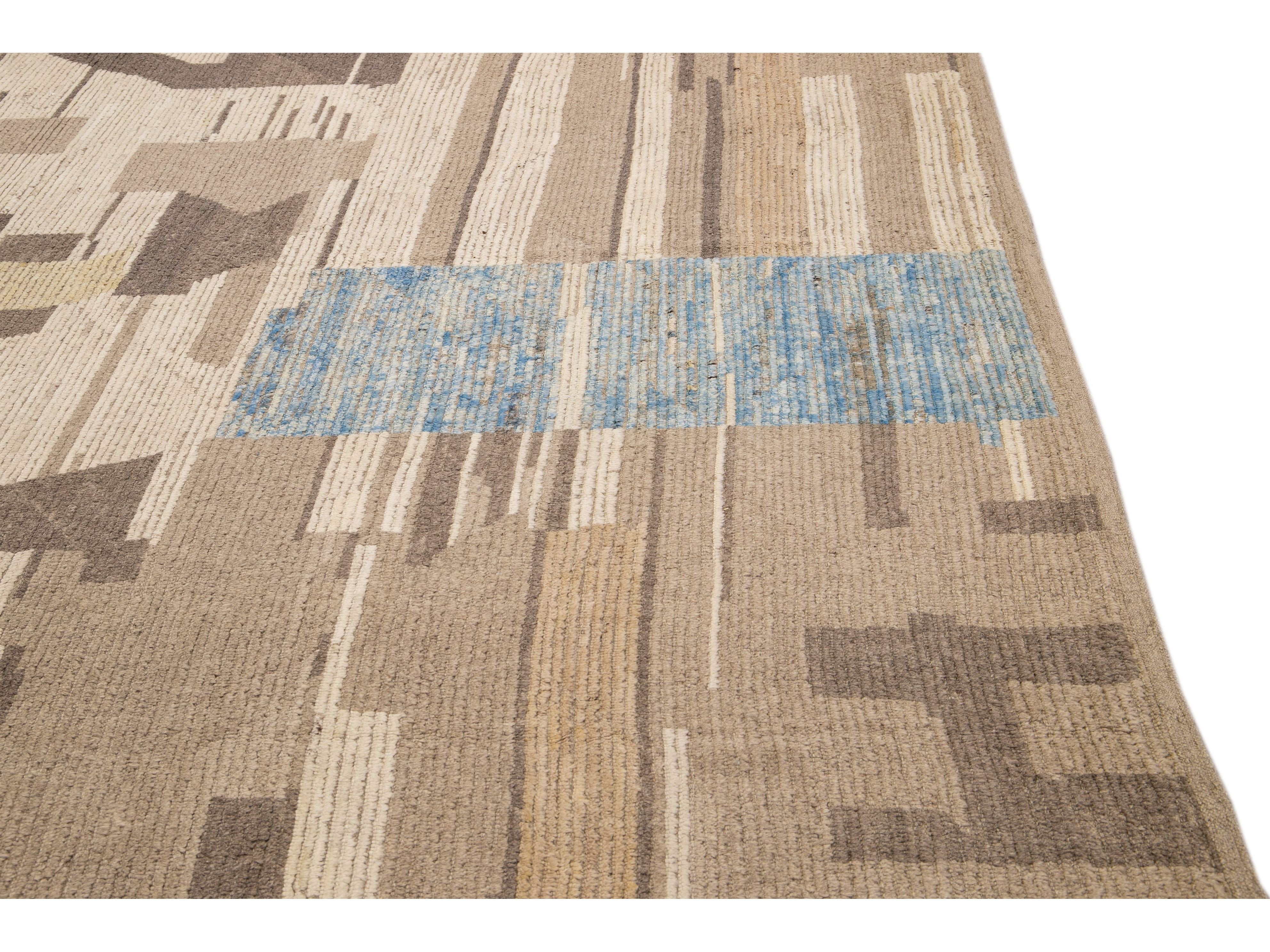 Beige Modern Boho Chic Moroccan Style Handmade Abstract Motif Oversize Wool Rug