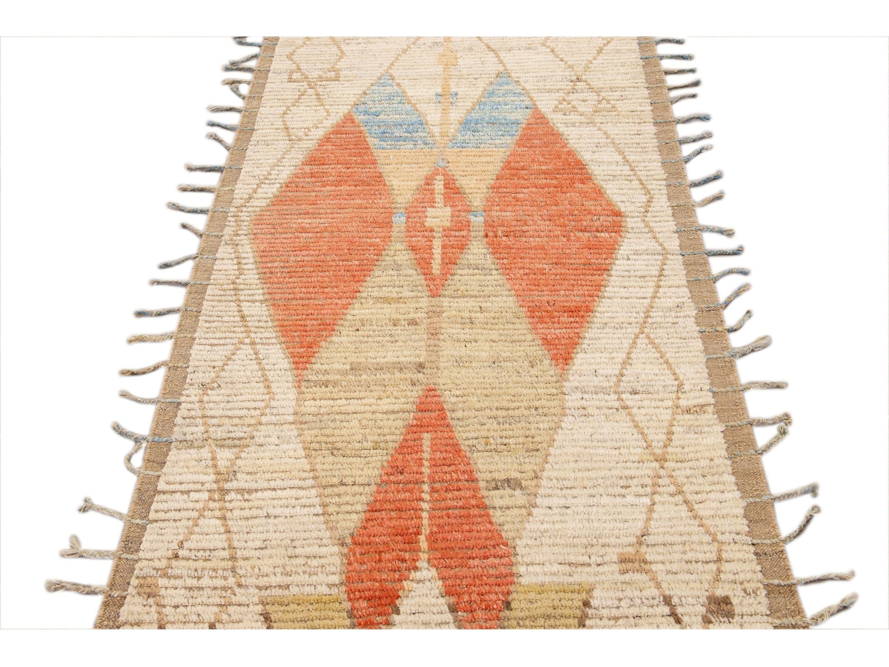 Beige Modern and Orange Moroccan Style Handmade Tribal Motif Wool Runner