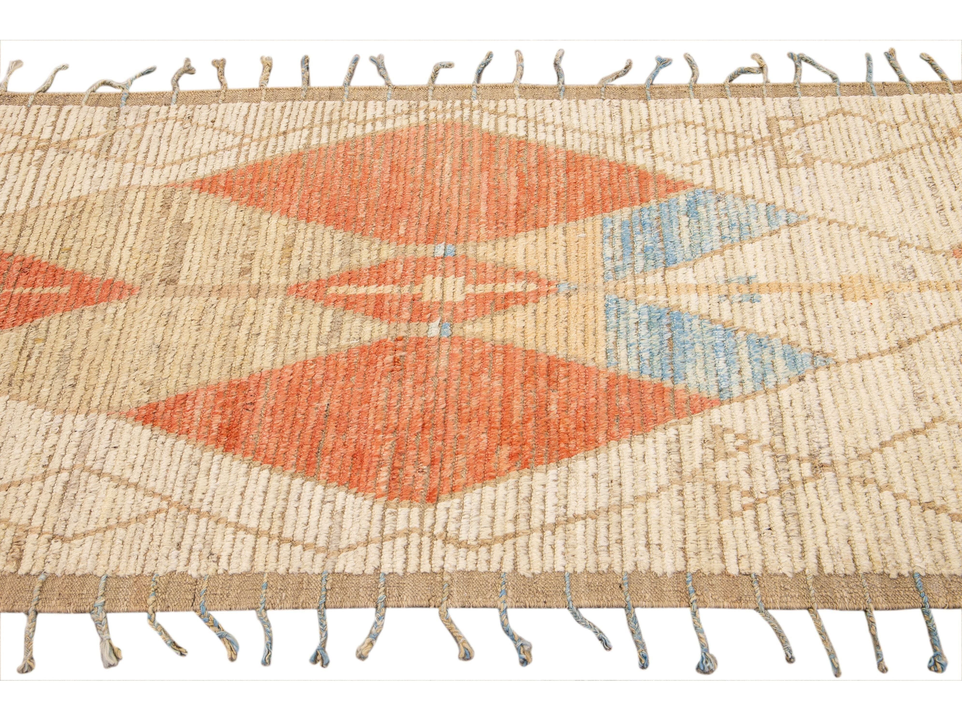 Beige Modern and Orange Moroccan Style Handmade Tribal Motif Wool Runner