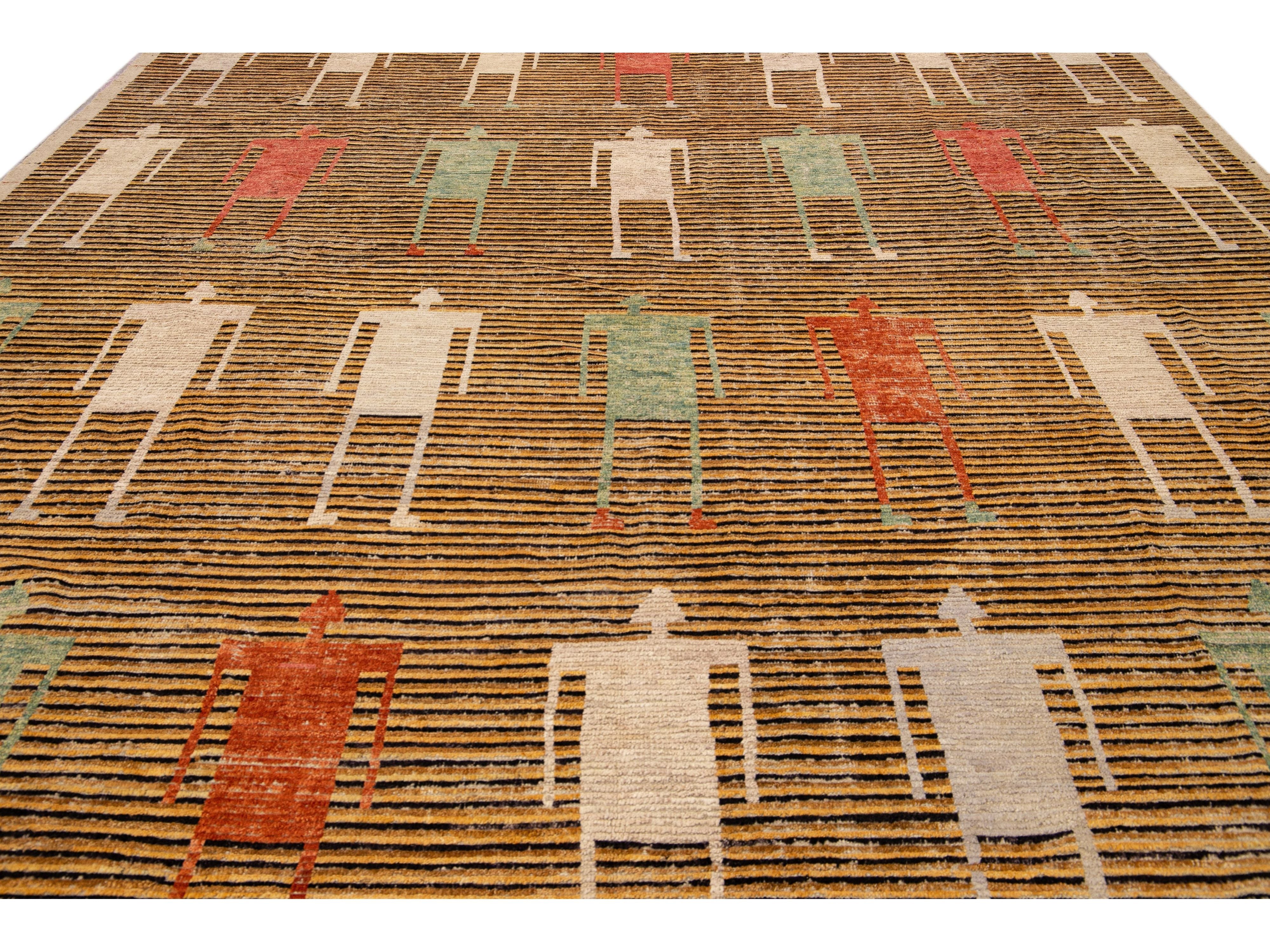 Brown Modern Moroccan Style Handmade People Pattern Motif Oversize Wool Rug