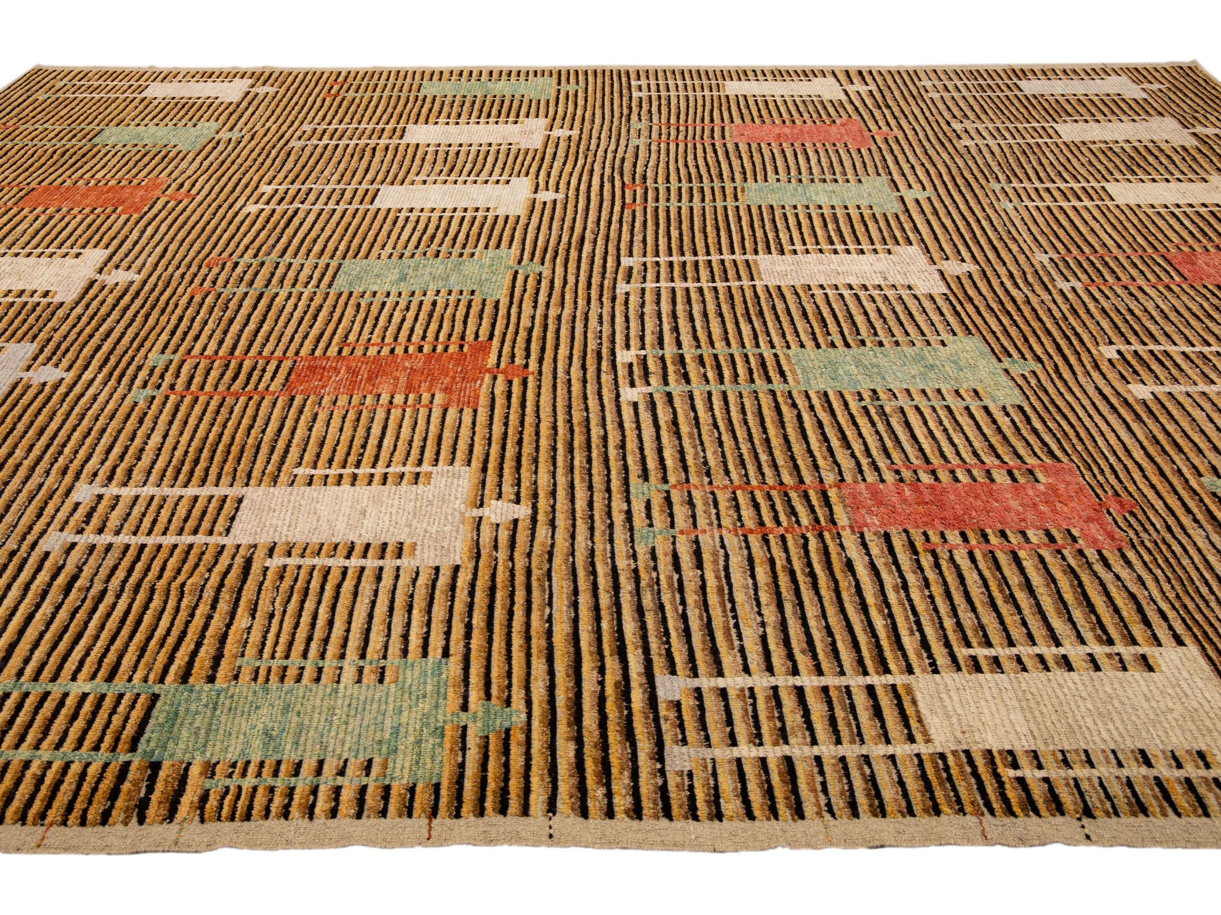 Brown Modern Moroccan Style Handmade People Pattern Motif Oversize Wool Rug