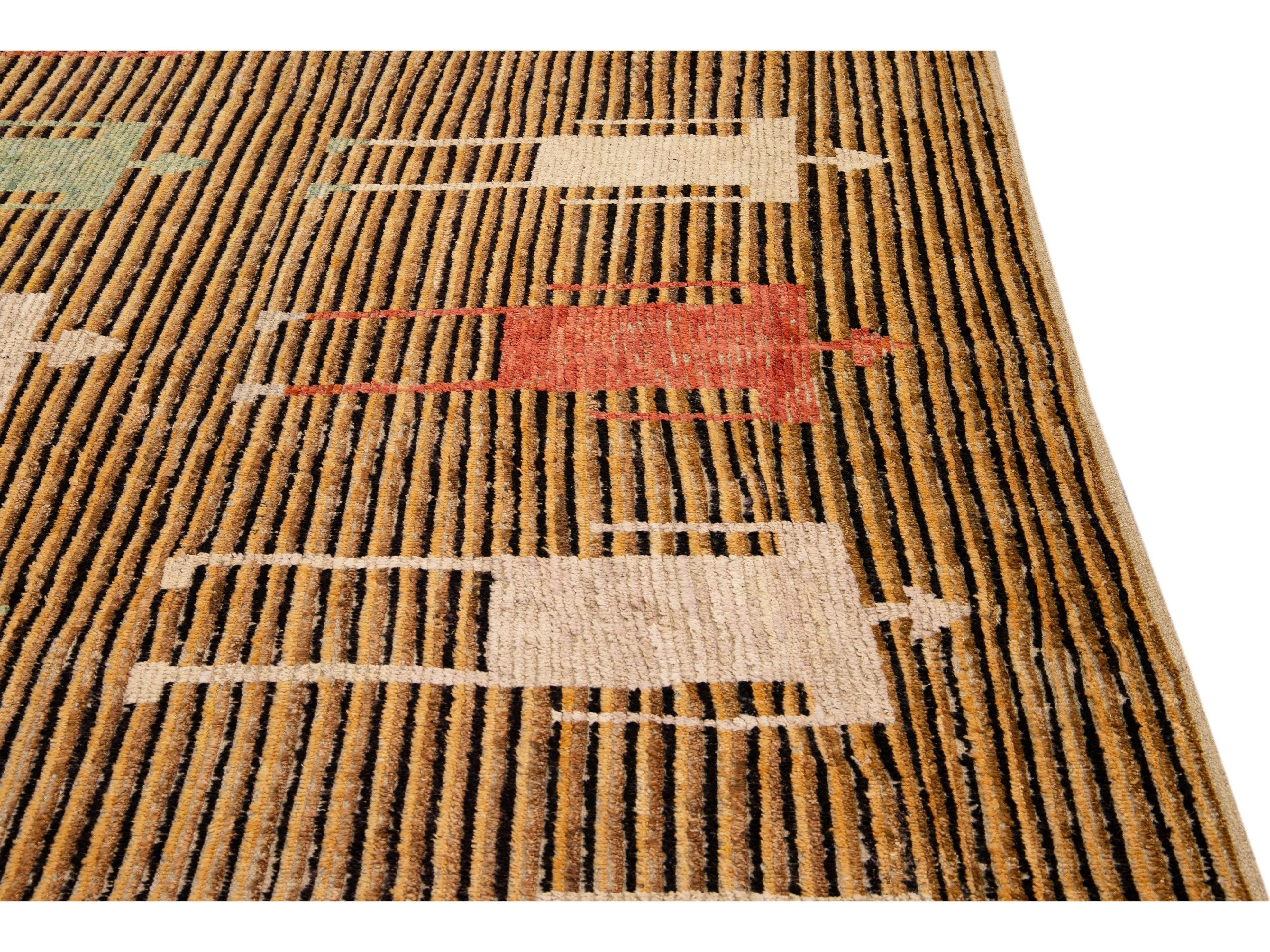Brown Modern Moroccan Style Handmade People Pattern Motif Oversize Wool Rug